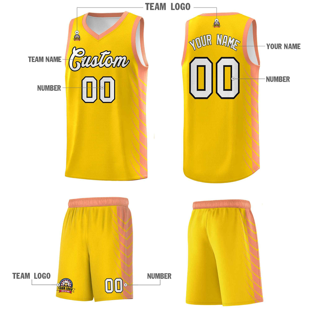 Custom Gold Light Orange Personalized Side Symmetrical Line Pattern Sports Uniform Basketball Jersey| KXKSHOP