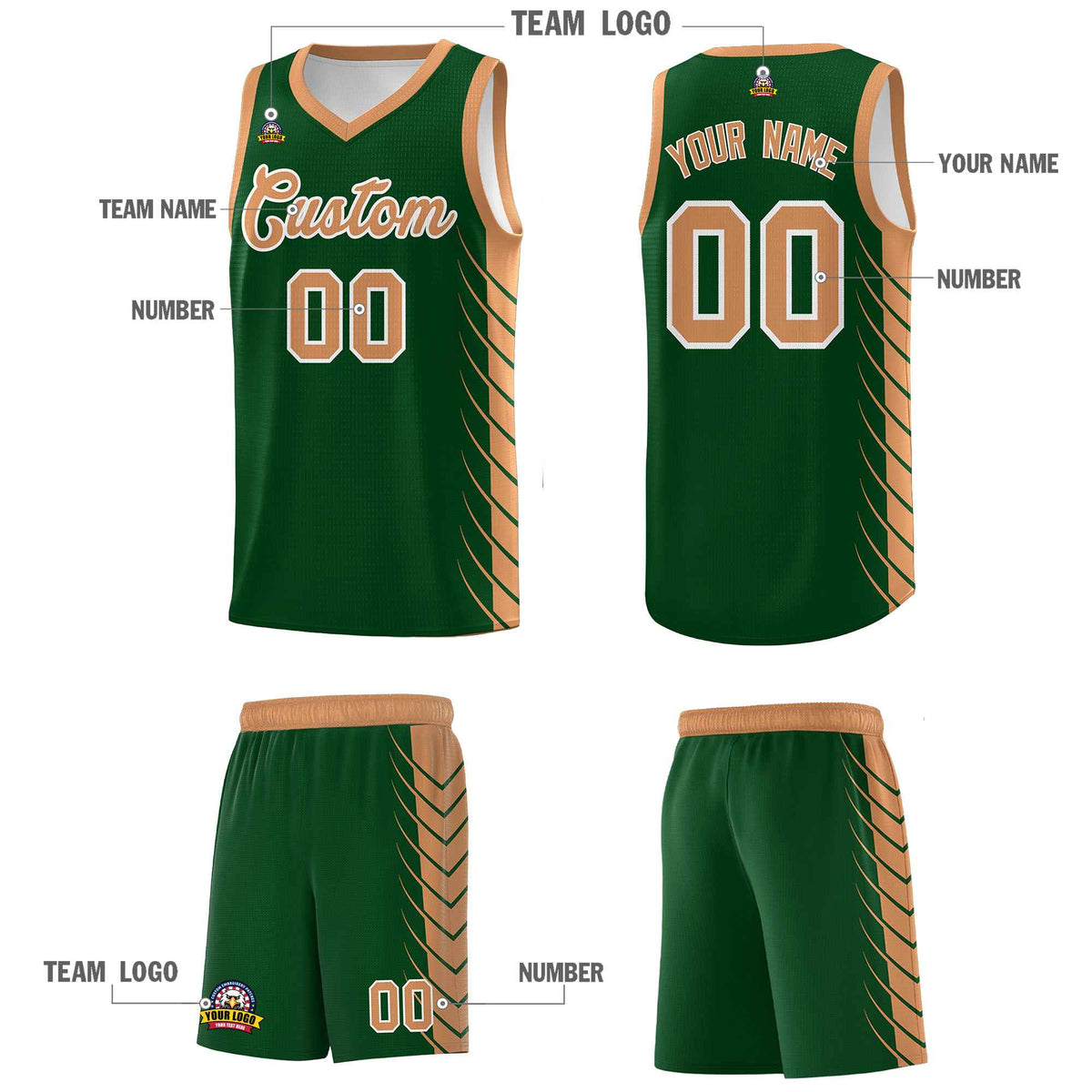 Custom Green Buckskin Brown Personalized Side Symmetrical Line Pattern Sports Uniform Basketball Jersey| KXKSHOP