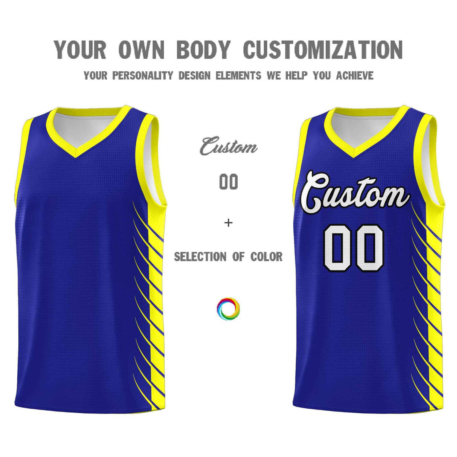 Custom Royal Fluorescent Yellow Personalized Side Symmetrical Line Pattern Sports Uniform Basketball Jersey| KXKSHOP