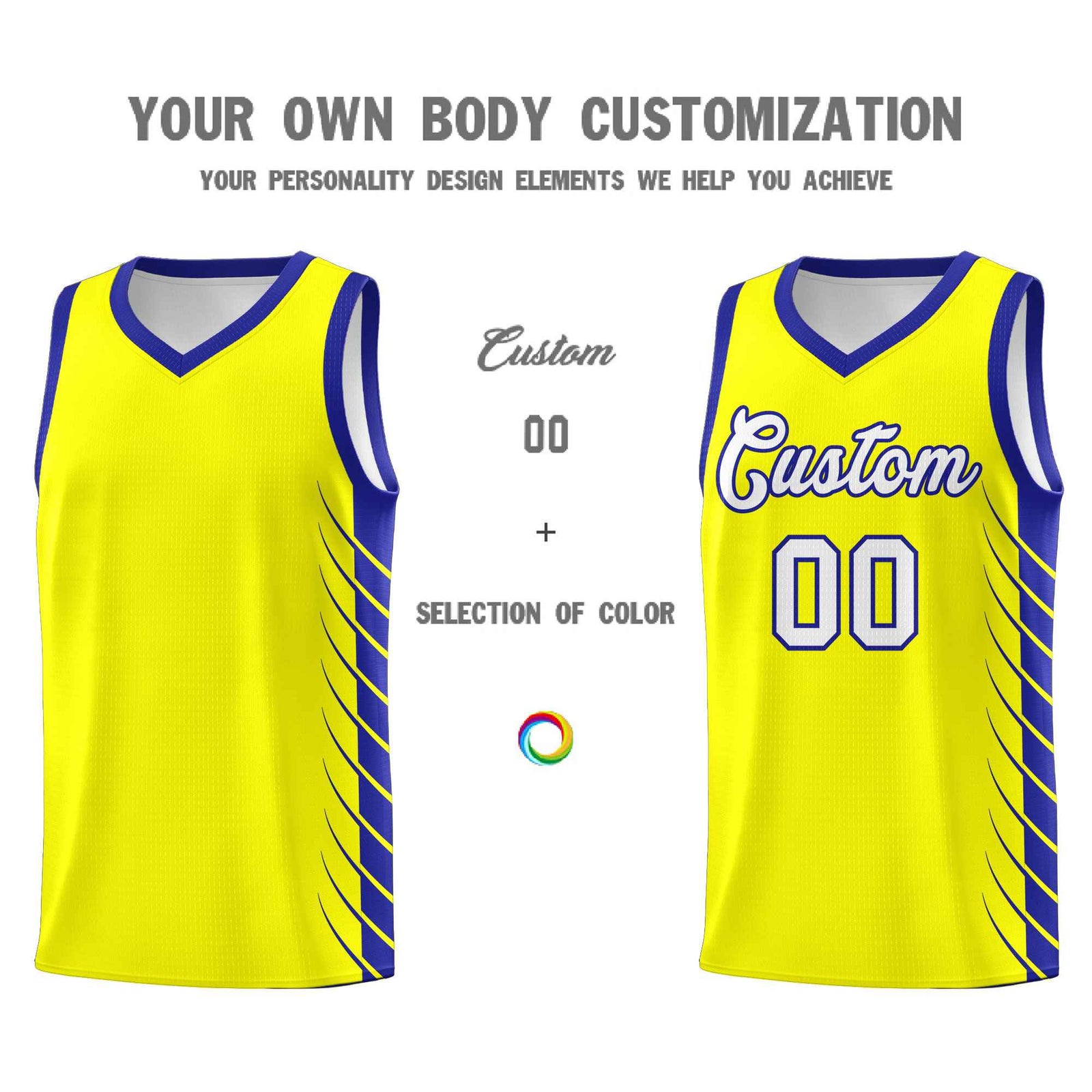 Custom Fluorescent Yellow Royal Personalized Side Symmetrical Line Pattern Sports Uniform Basketball Jersey| KXKSHOP
