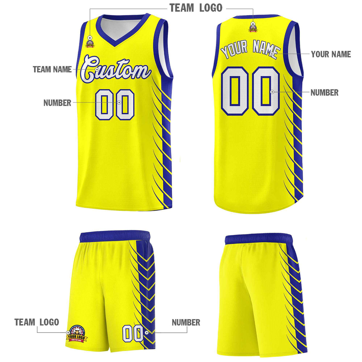 Custom Fluorescent Yellow Royal Personalized Side Symmetrical Line Pattern Sports Uniform Basketball Jersey| KXKSHOP
