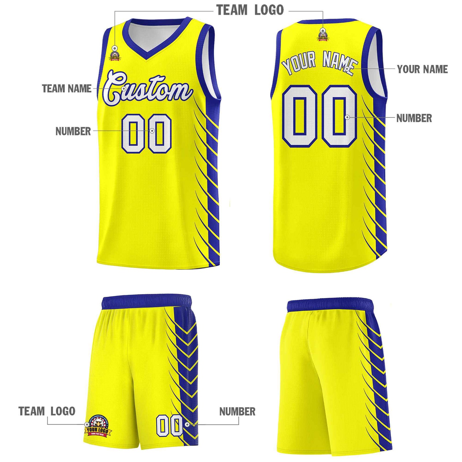 Custom Fluorescent Yellow Royal Personalized Side Symmetrical Line Pattern Sports Uniform Basketball Jersey| KXKSHOP