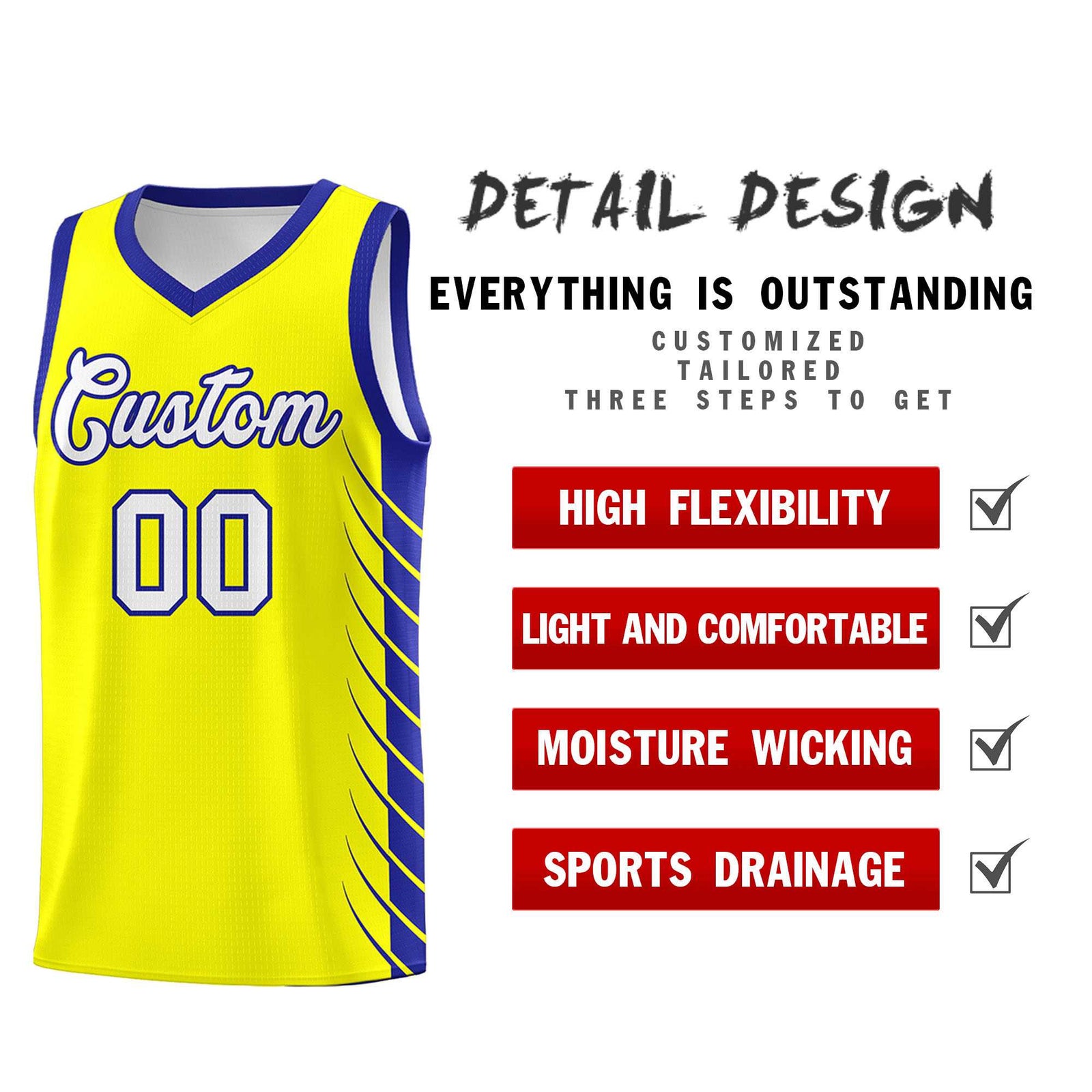 Custom Fluorescent Yellow Royal Personalized Side Symmetrical Line Pattern Sports Uniform Basketball Jersey| KXKSHOP