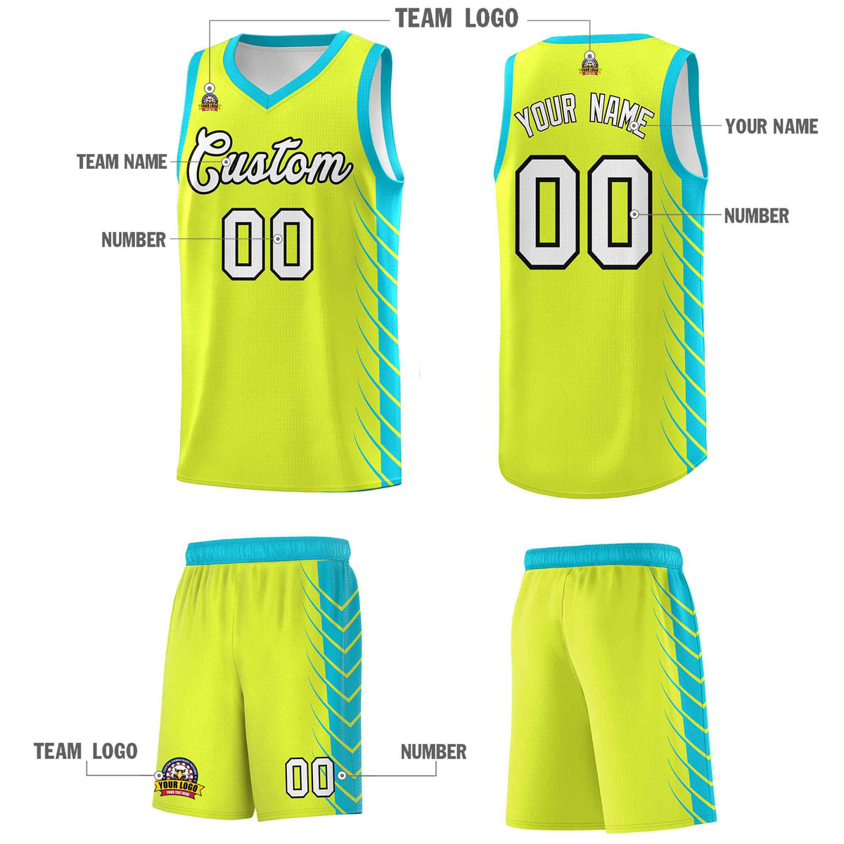 Custom Fluorescent Green Sky Blue Personalized Side Symmetrical Line Pattern Sports Uniform Basketball Jersey| KXKSHOP