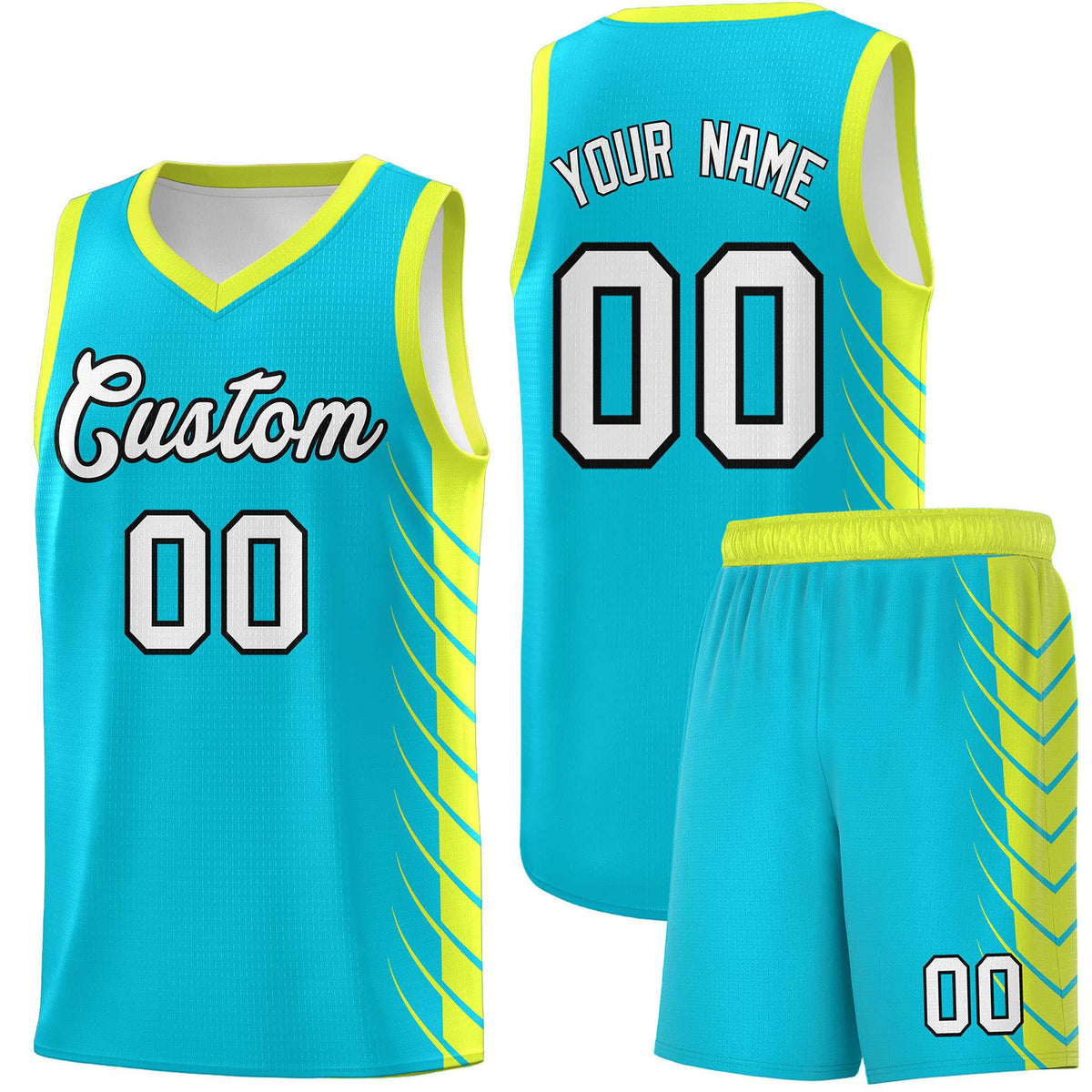Custom Sky Blue Fluorescent Green Personalized Side Symmetrical Line Pattern Sports Uniform Basketball Jersey| KXKSHOP