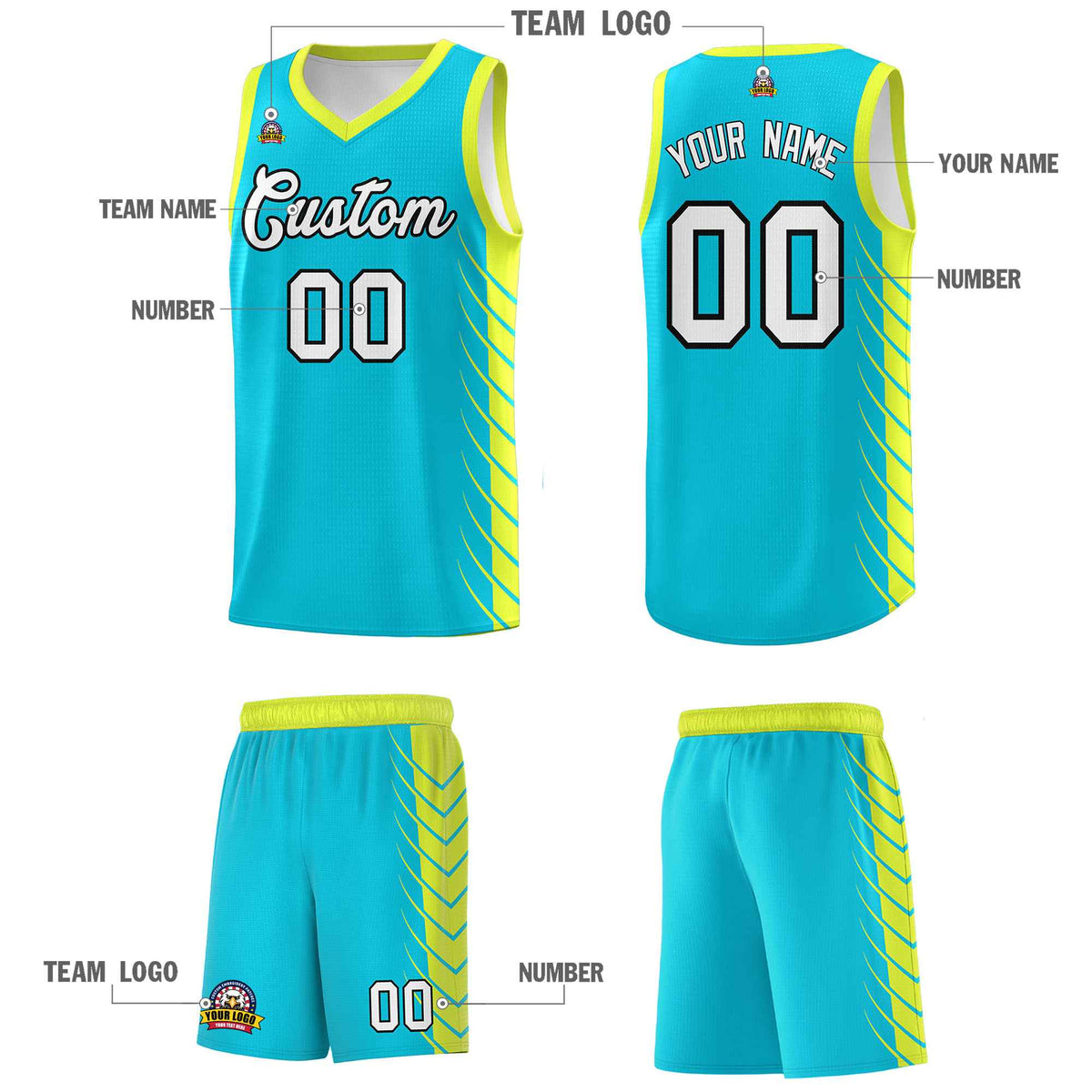 Custom Sky Blue Fluorescent Green Personalized Side Symmetrical Line Pattern Sports Uniform Basketball Jersey| KXKSHOP