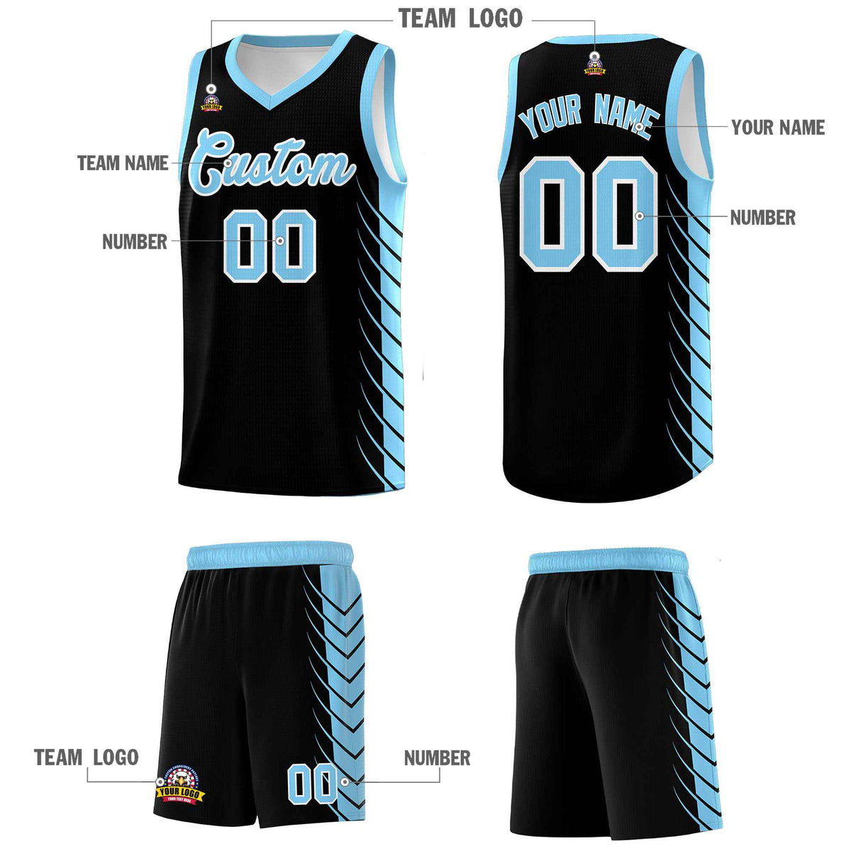 Custom Black Light Blue Personalized Side Symmetrical Line Pattern Sports Uniform Basketball Jersey| KXKSHOP