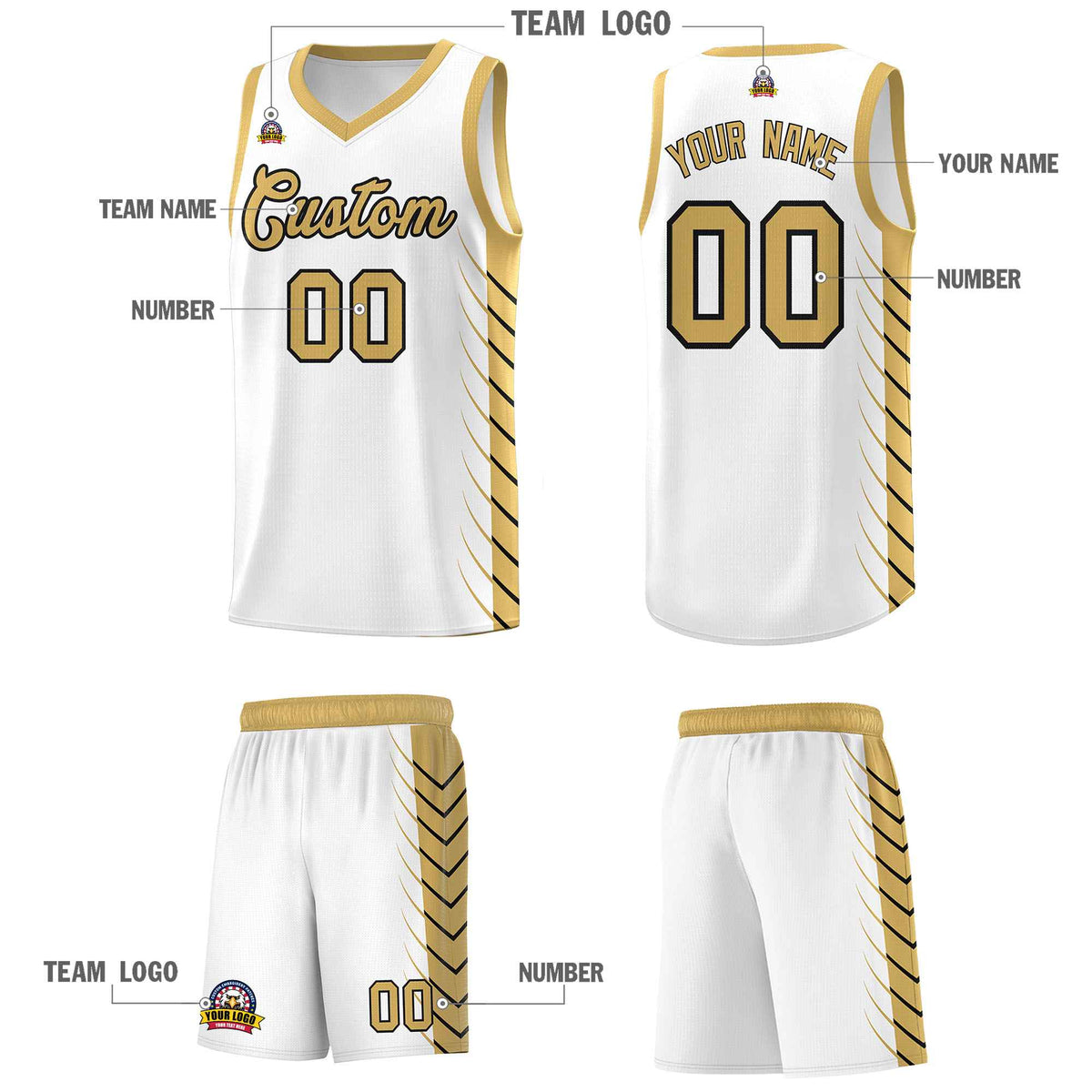 Custom White Old Gold Personalized Side Symmetrical Line Pattern Sports Uniform Basketball Jersey| KXKSHOP