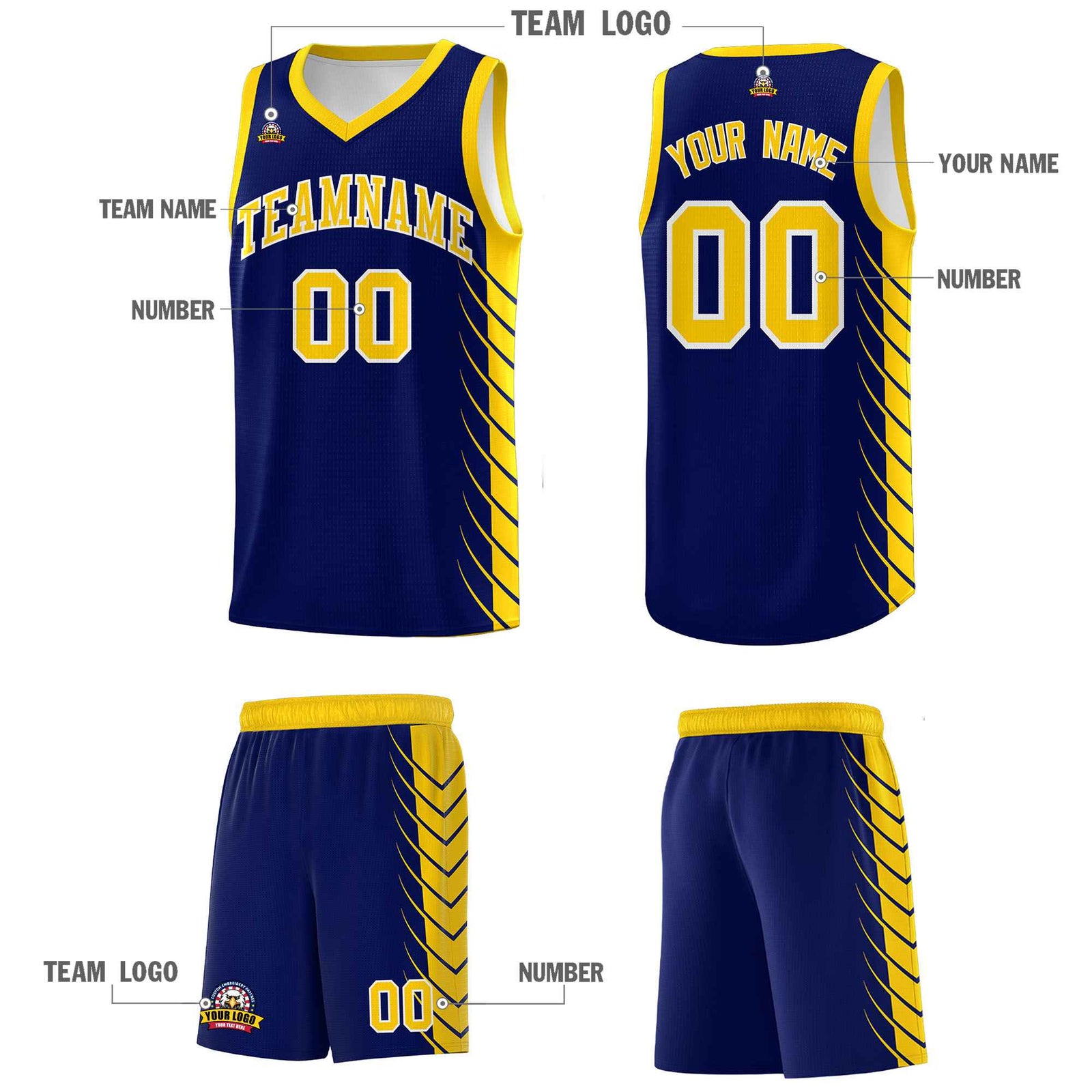 Custom Navy Gold Personalized Side Symmetrical Line Pattern Sports Uniform Basketball Jersey