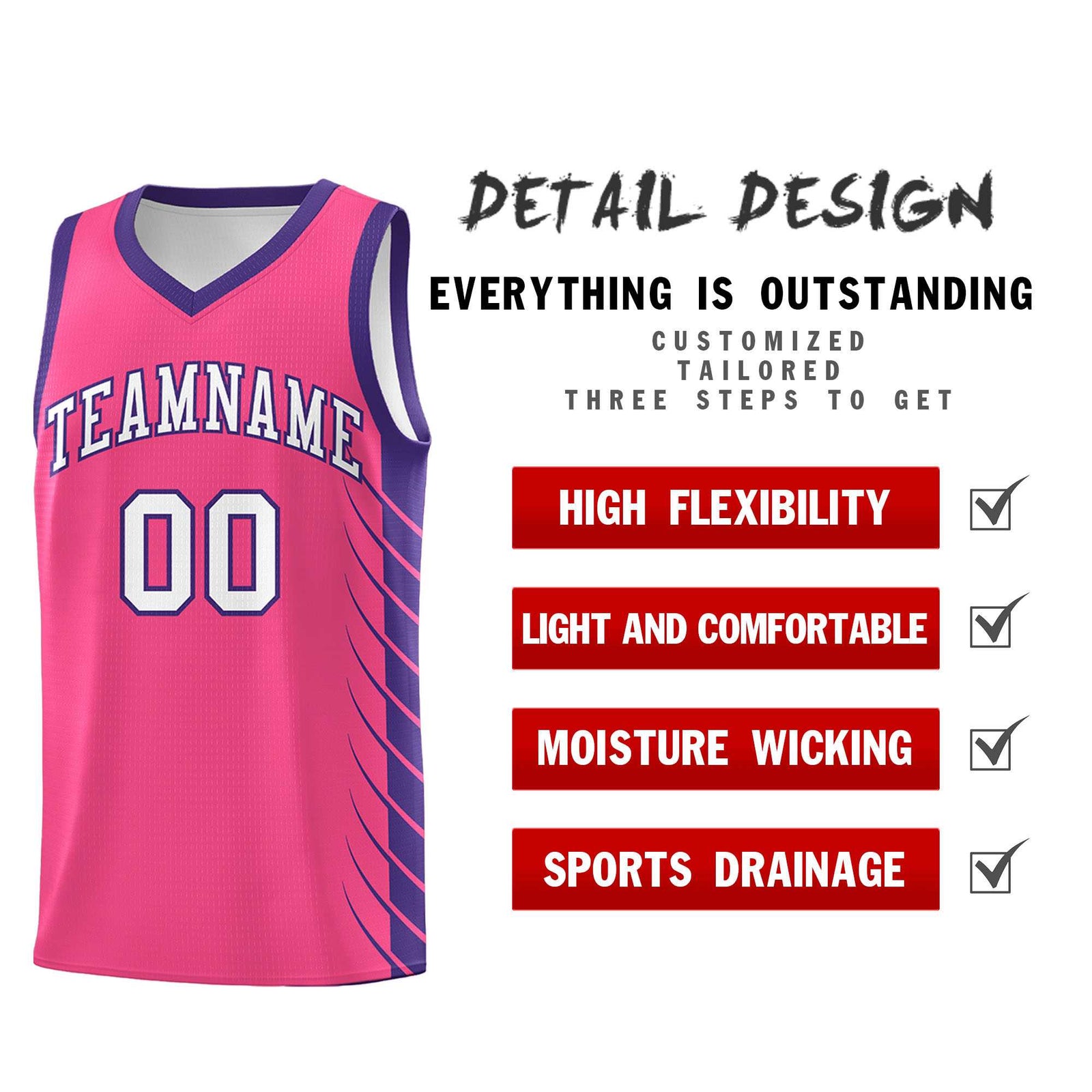 Custom Pink Purple Personalized Side Symmetrical Line Pattern Sports Uniform Basketball Jersey