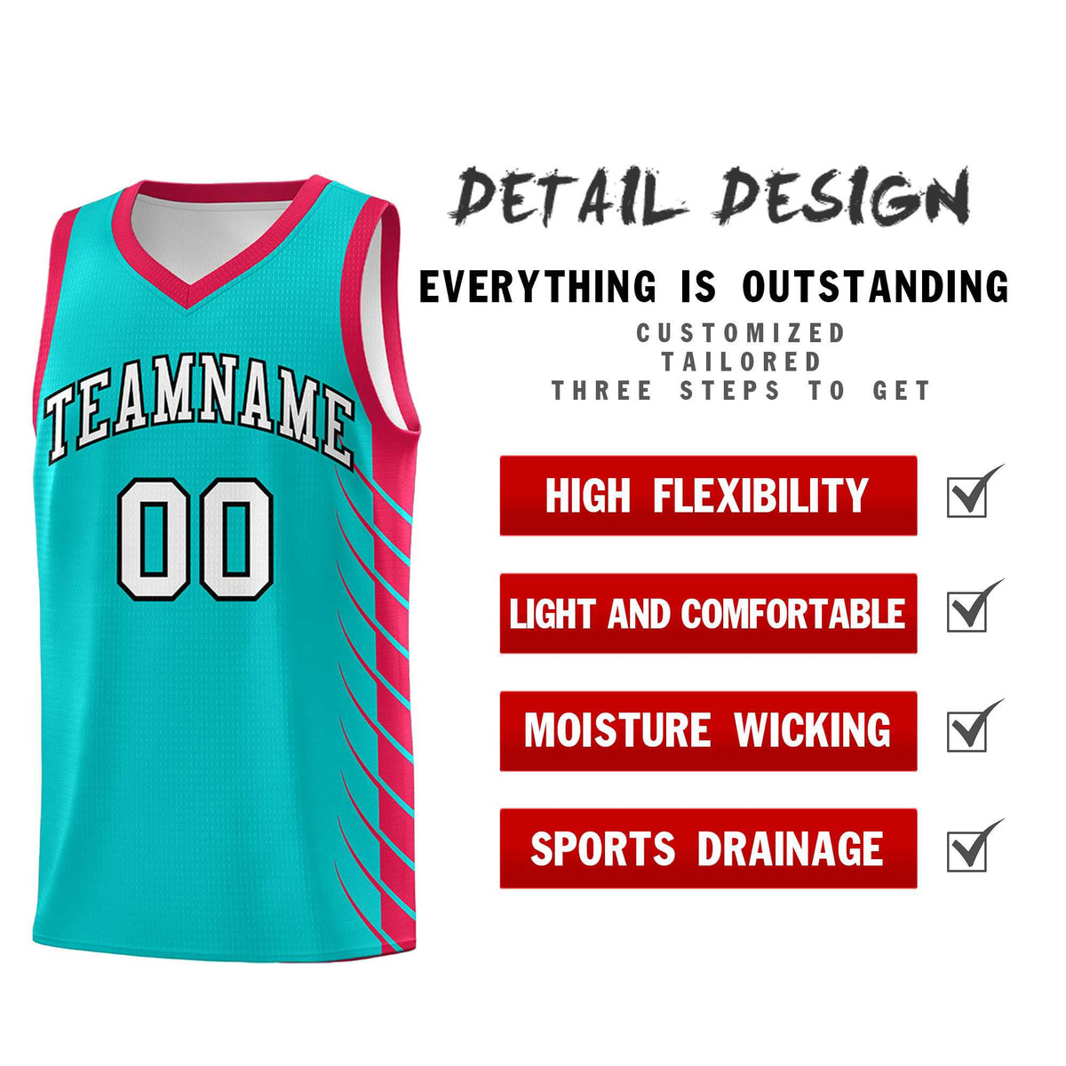 Custom Aqua Red Personalized Side Symmetrical Line Pattern Sports Uniform Basketball Jersey