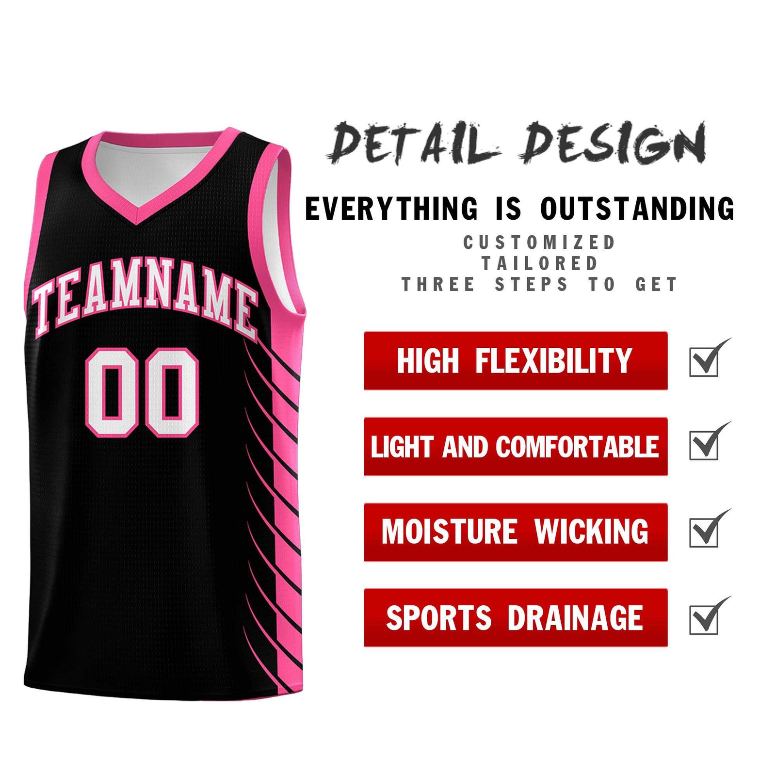 Custom Black Pink Personalized Side Symmetrical Line Pattern Sports Uniform Basketball Jersey