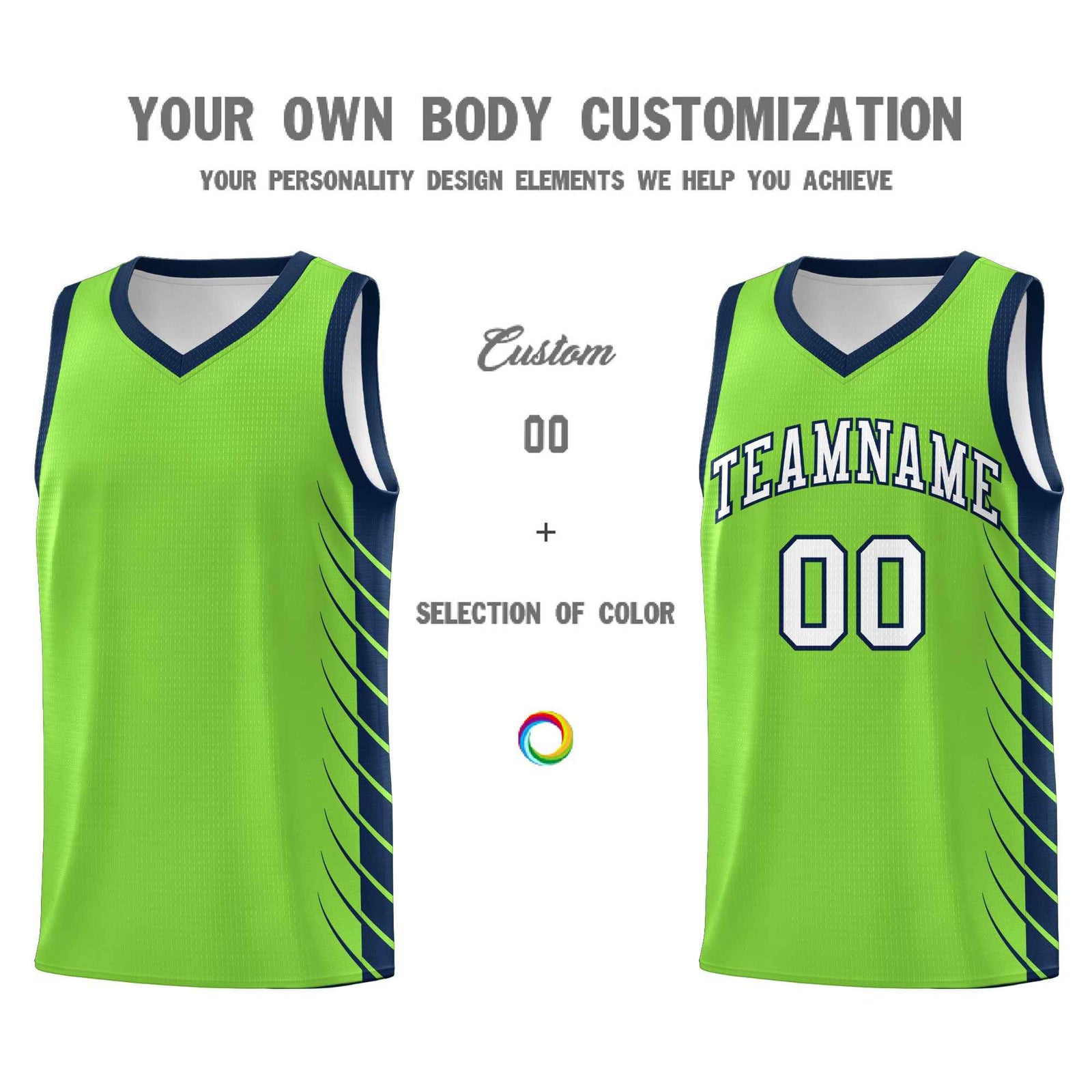 Custom Fluorescent Green Navy Personalized Side Symmetrical Line Pattern Sports Uniform Basketball Jersey