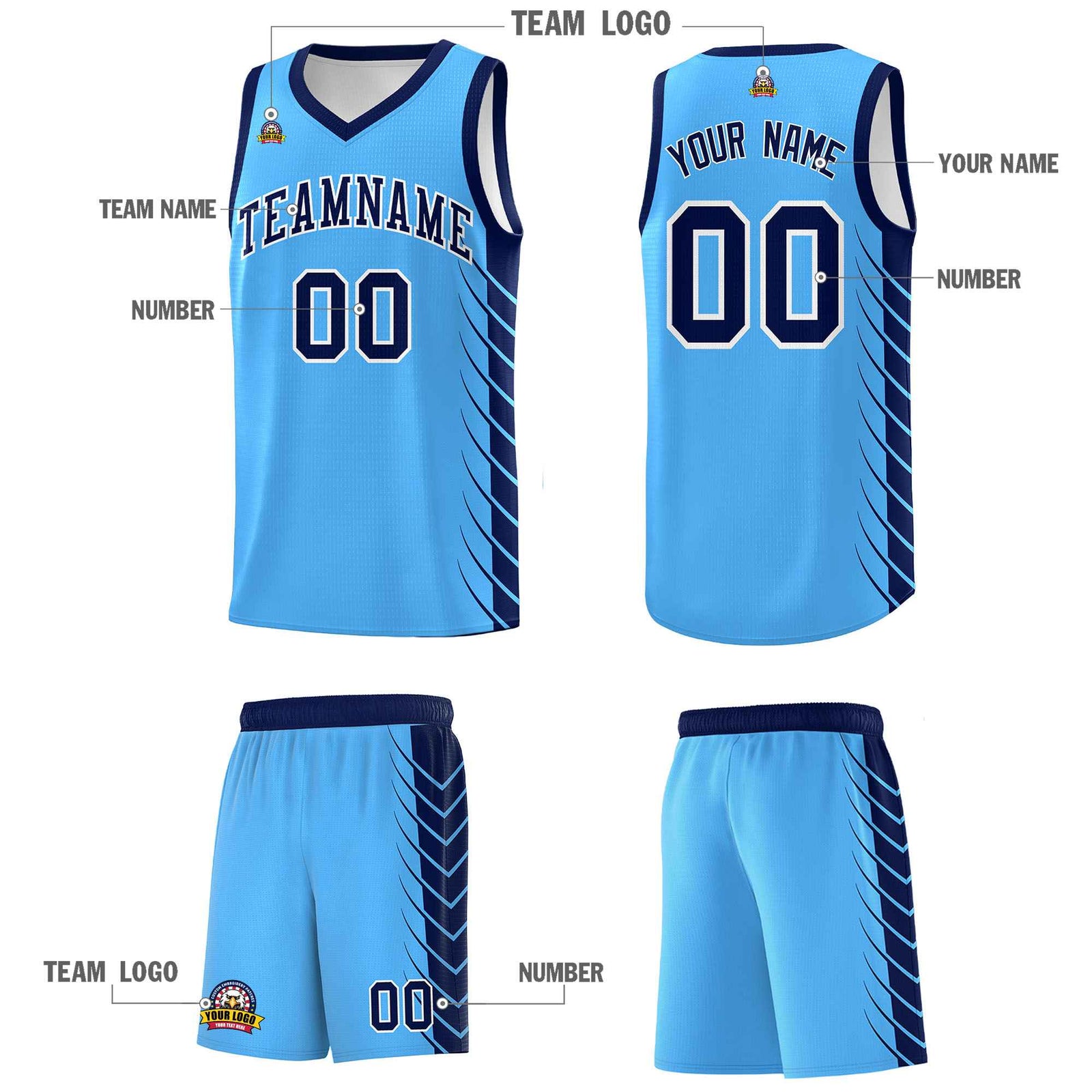 Custom Powder Blue Navy Personalized Side Symmetrical Line Pattern Sports Uniform Basketball Jersey