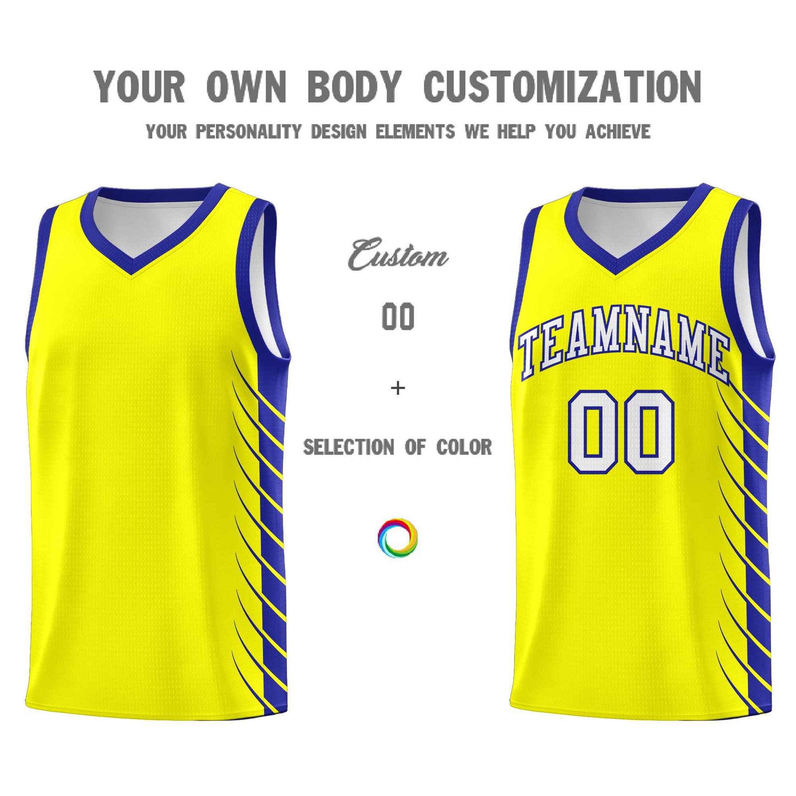 Custom Fluorescent Yellow Royal Personalized Side Symmetrical Line Pattern Sports Uniform Basketball Jersey