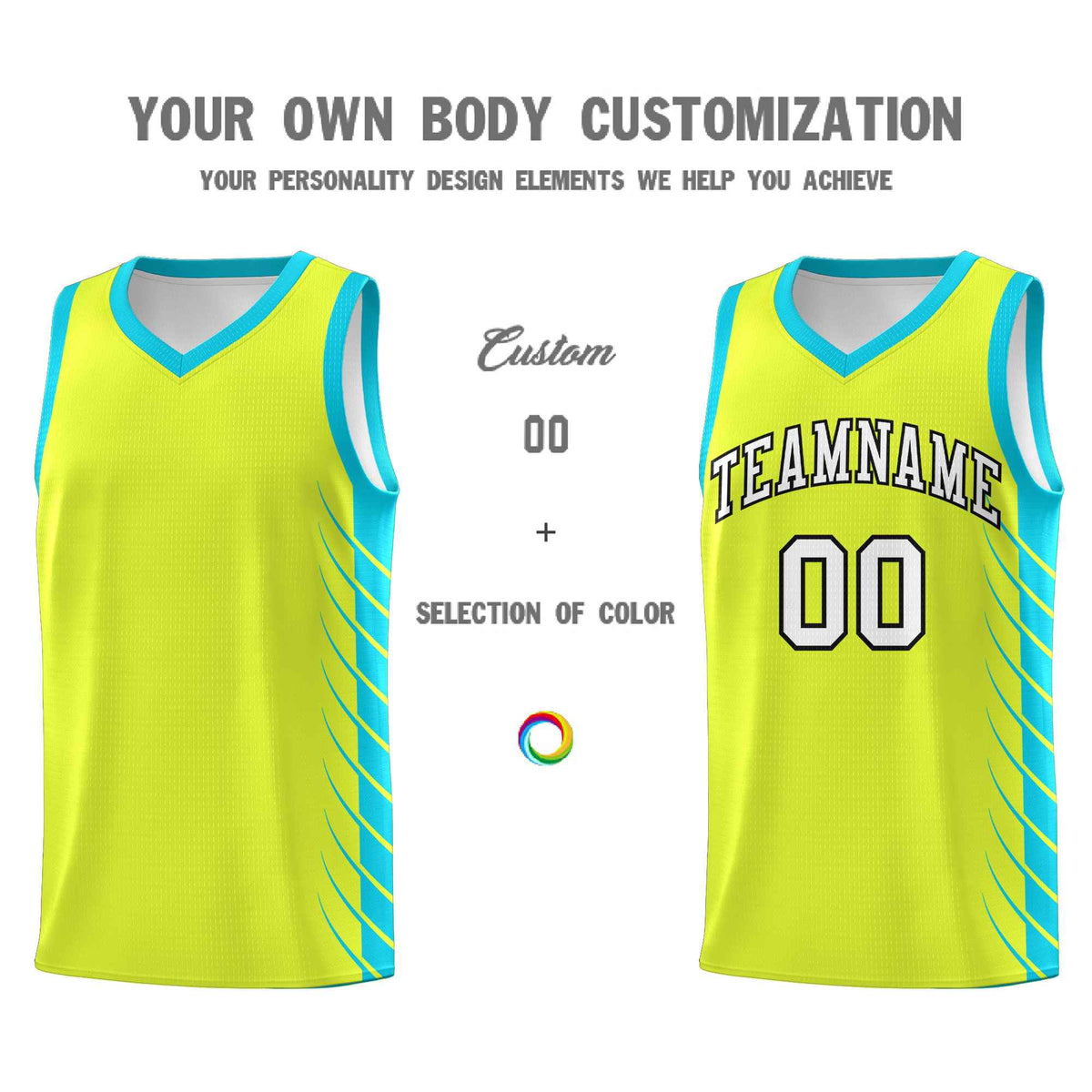 Custom Fluorescent Green Sky Blue Personalized Side Symmetrical Line Pattern Sports Uniform Basketball Jersey