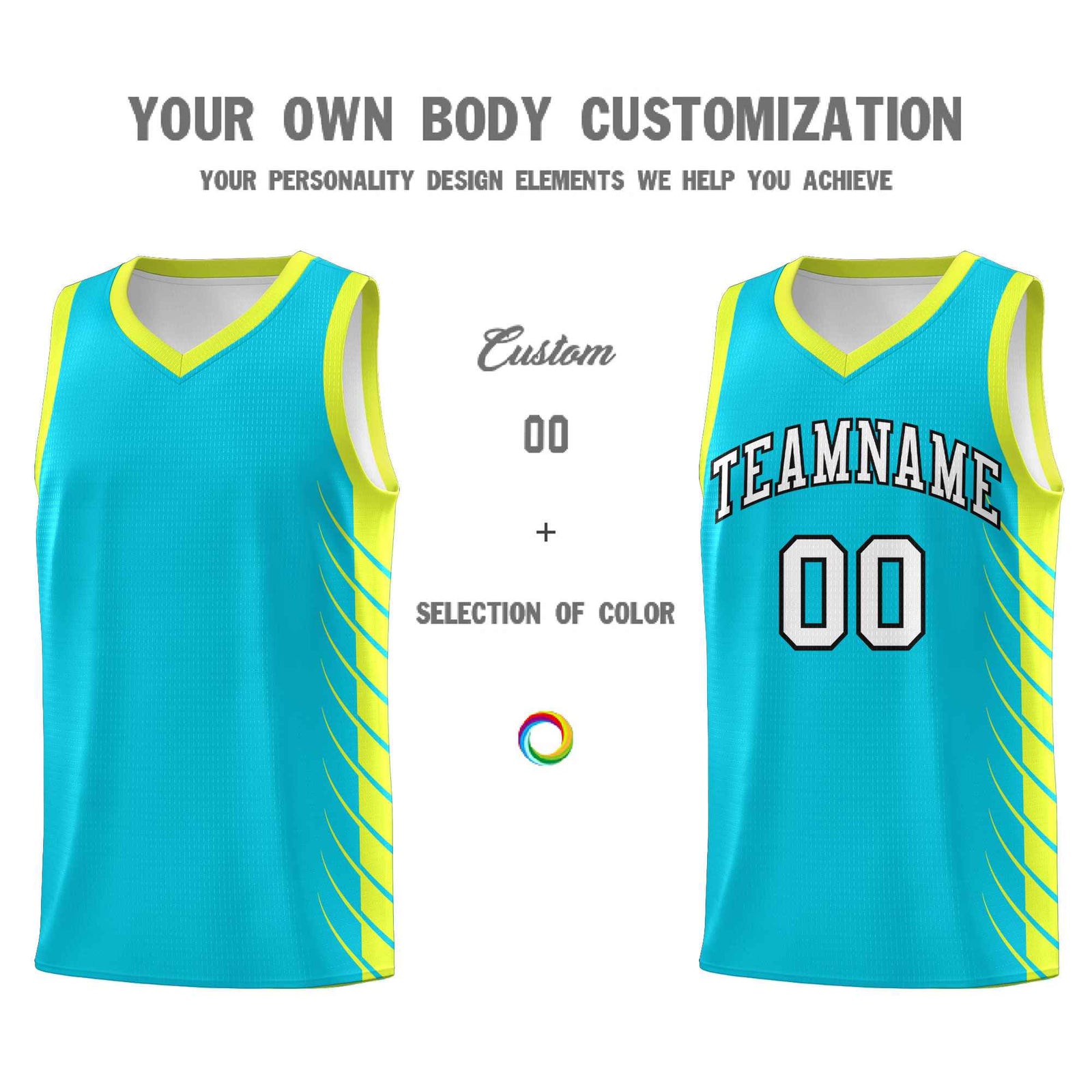 Custom Sky Blue Fluorescent Green Personalized Side Symmetrical Line Pattern Sports Uniform Basketball Jersey