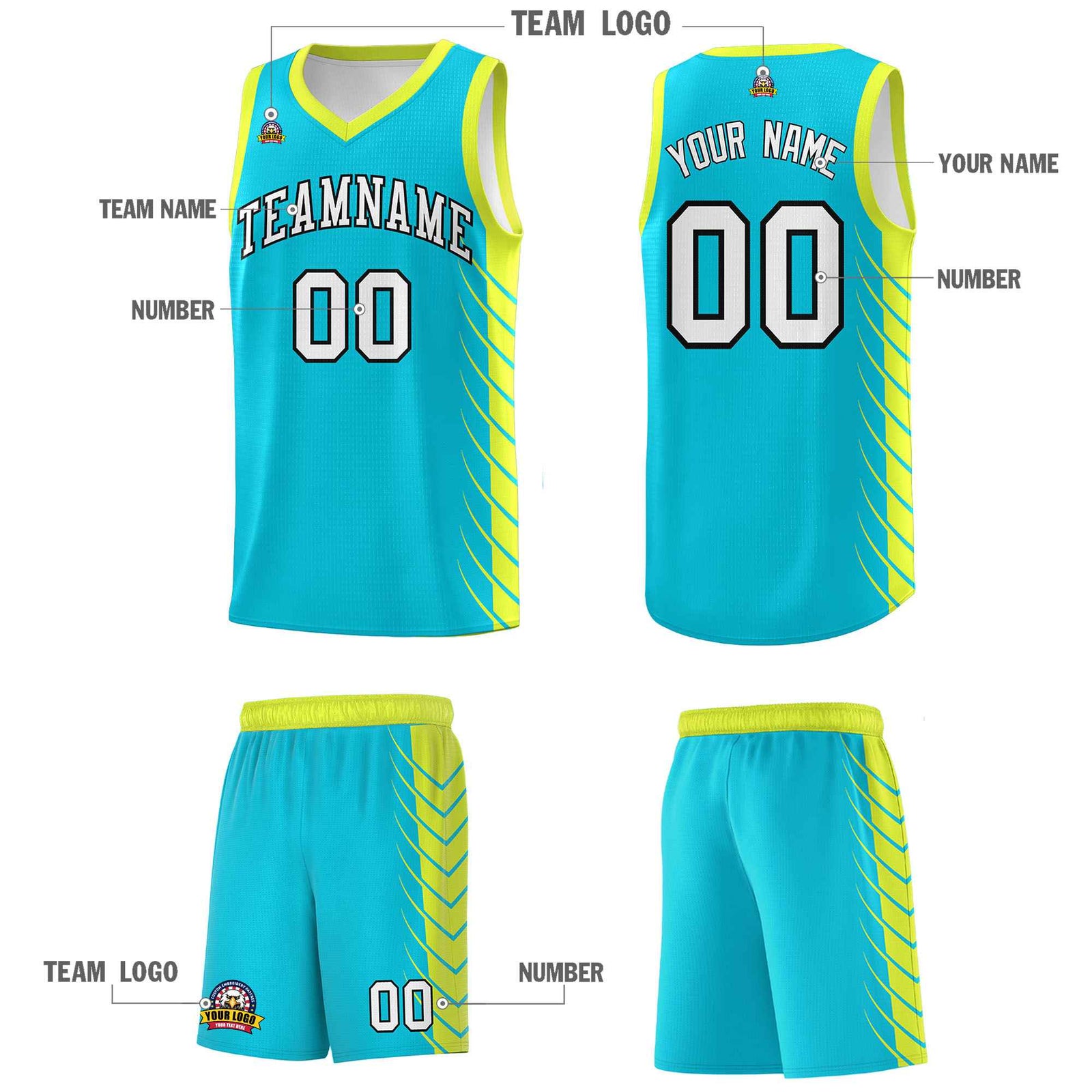 Custom Sky Blue Fluorescent Green Personalized Side Symmetrical Line Pattern Sports Uniform Basketball Jersey
