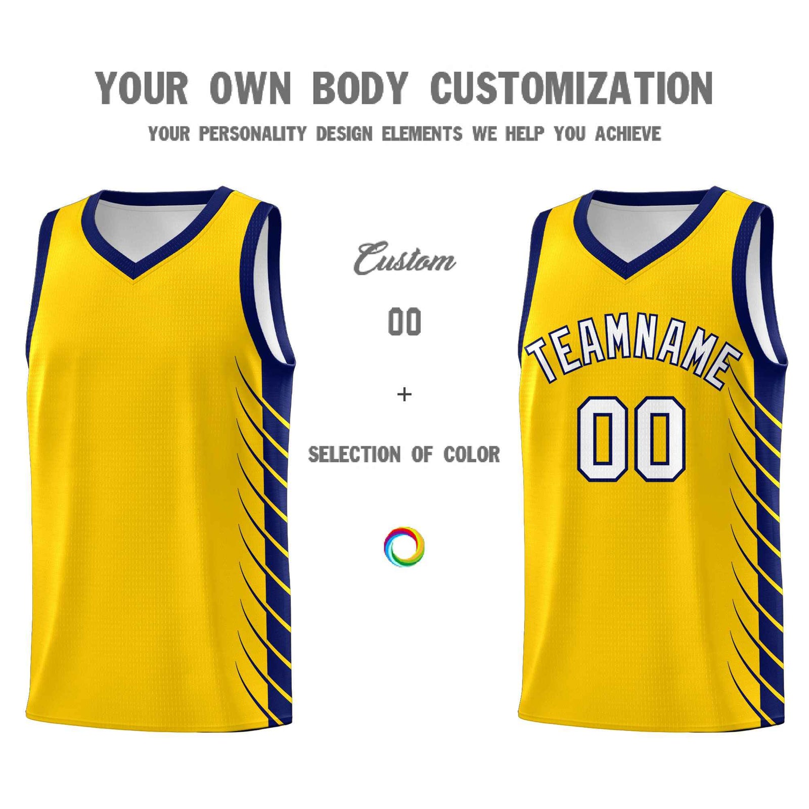 Custom Gold Navy Personalized Side Symmetrical Line Pattern Sports Uniform Basketball Jersey