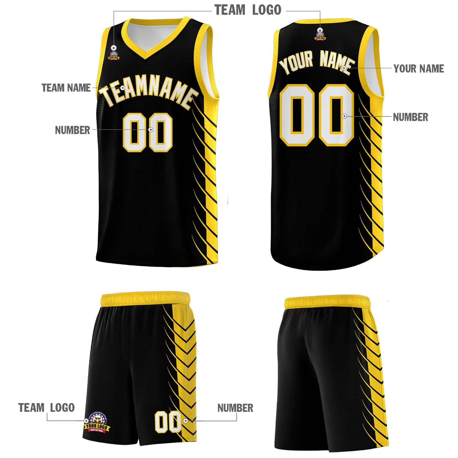 Custom Black Gold Personalized Side Symmetrical Line Pattern Sports Uniform Basketball Jersey