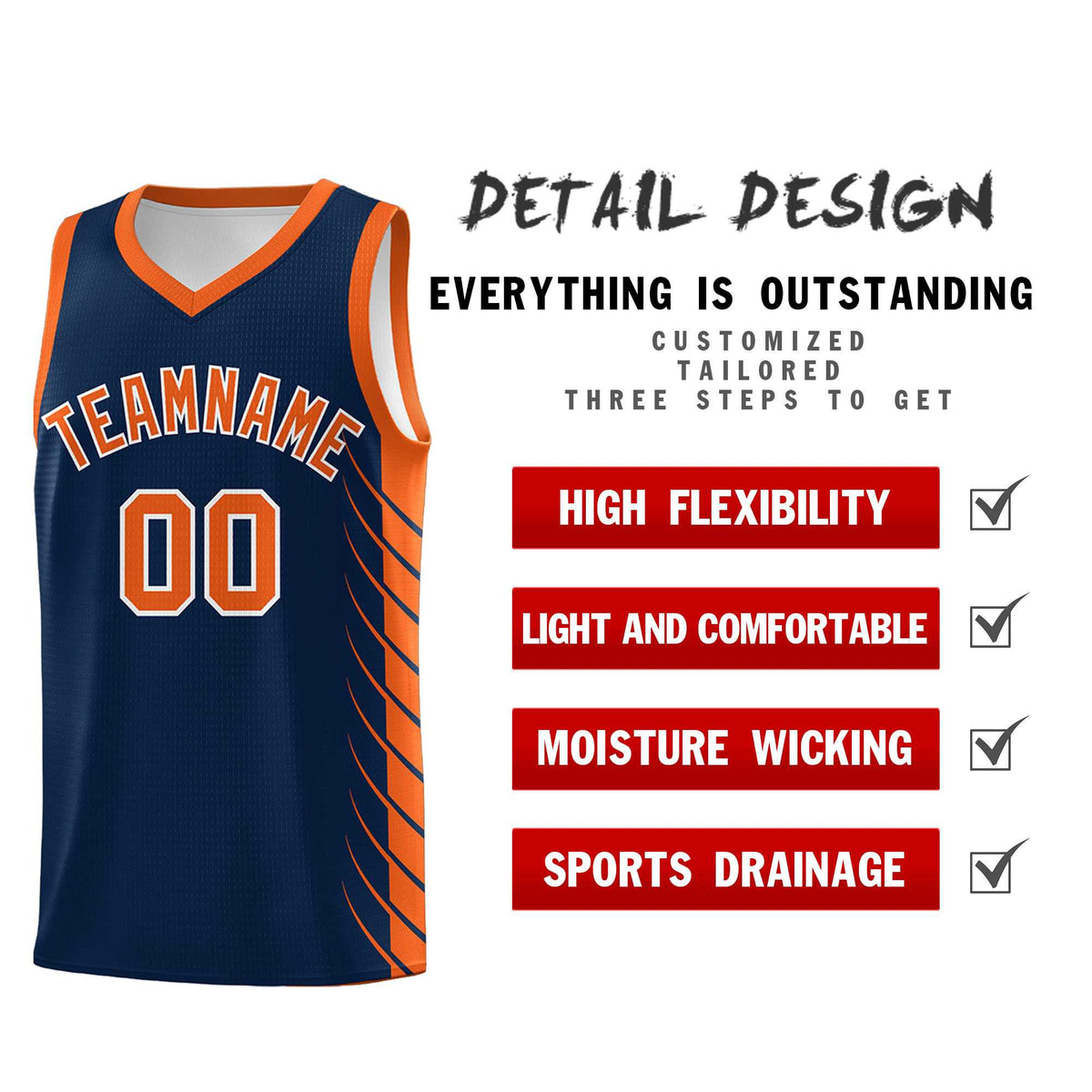 Custom Navy Orange Personalized Side Symmetrical Line Pattern Sports Uniform Basketball Jersey