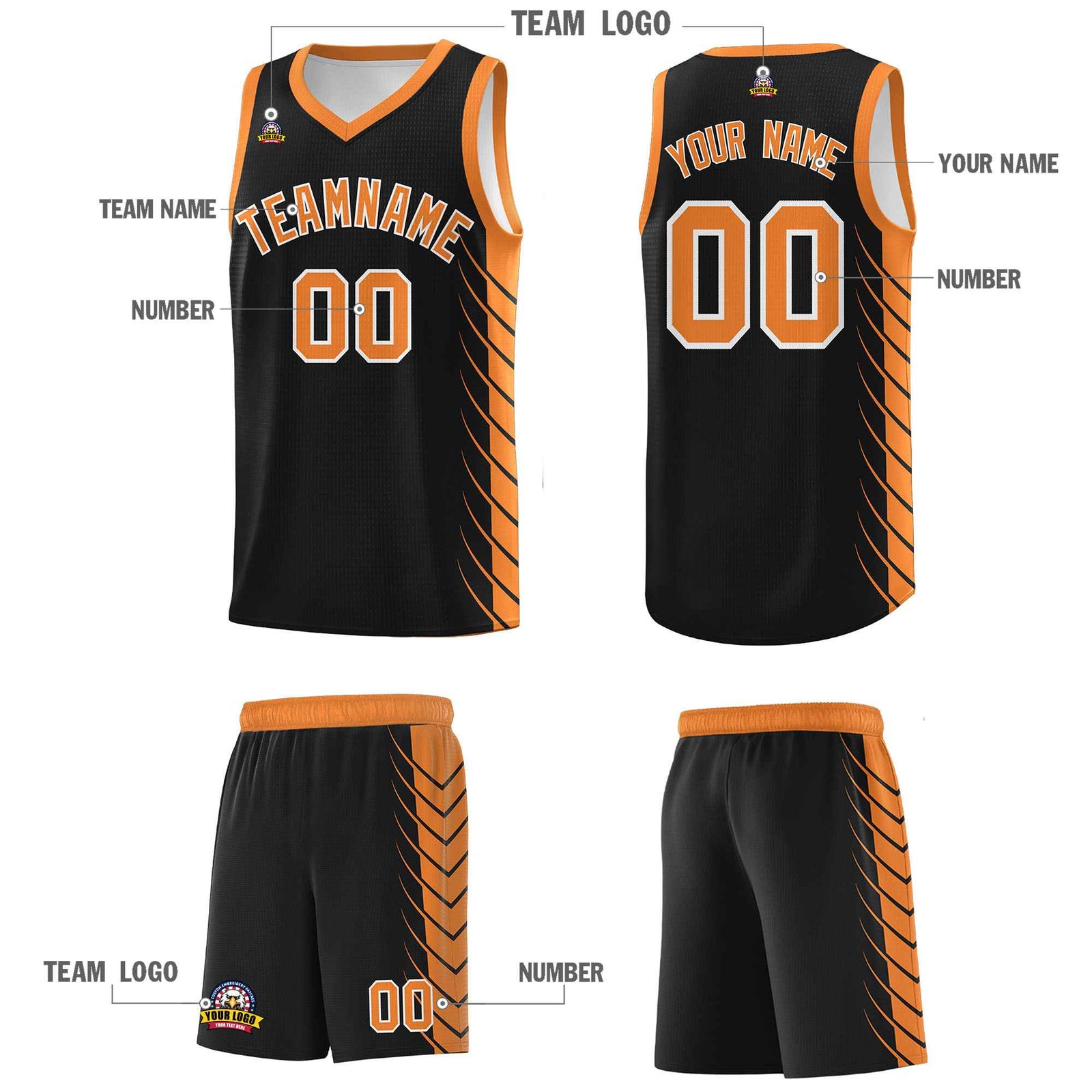 Custom Black Gold Orange Personalized Side Symmetrical Line Pattern Sports Uniform Basketball Jersey