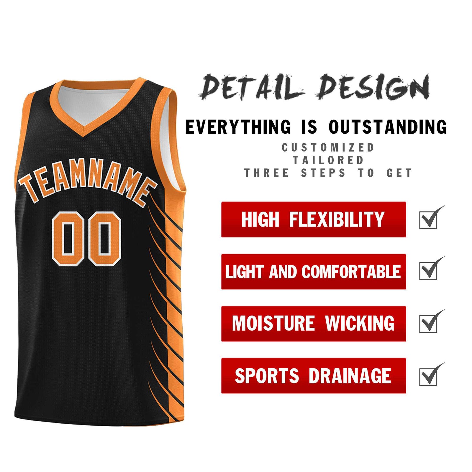 Custom Black Gold Orange Personalized Side Symmetrical Line Pattern Sports Uniform Basketball Jersey