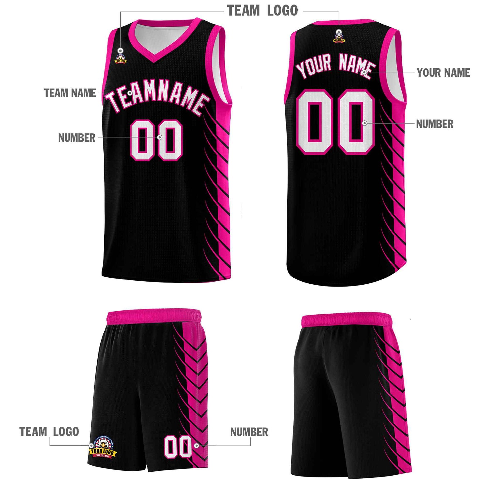 Custom Black Pink Personalized Side Symmetrical Line Pattern Sports Uniform Basketball Jersey