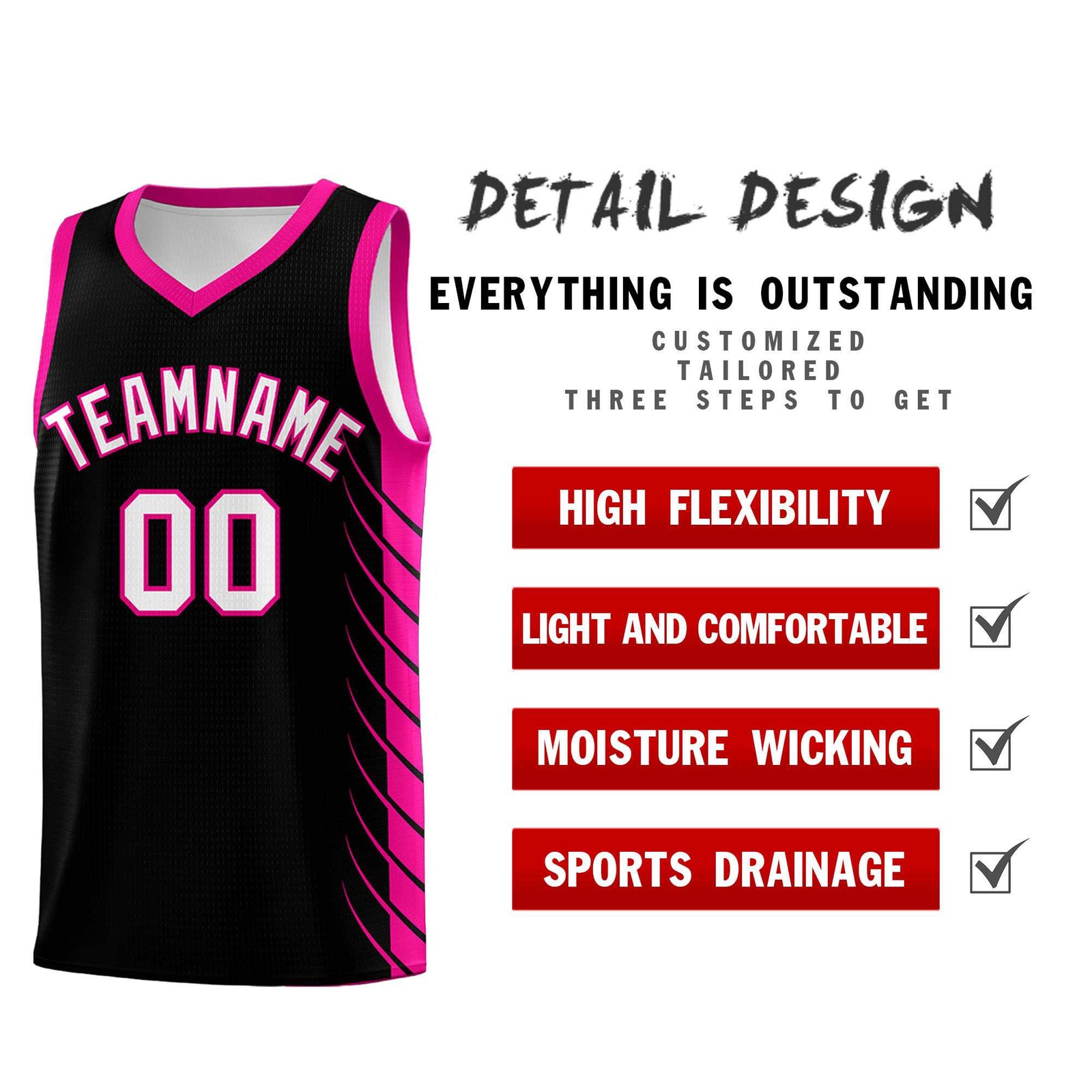 Custom Black Pink Personalized Side Symmetrical Line Pattern Sports Uniform Basketball Jersey