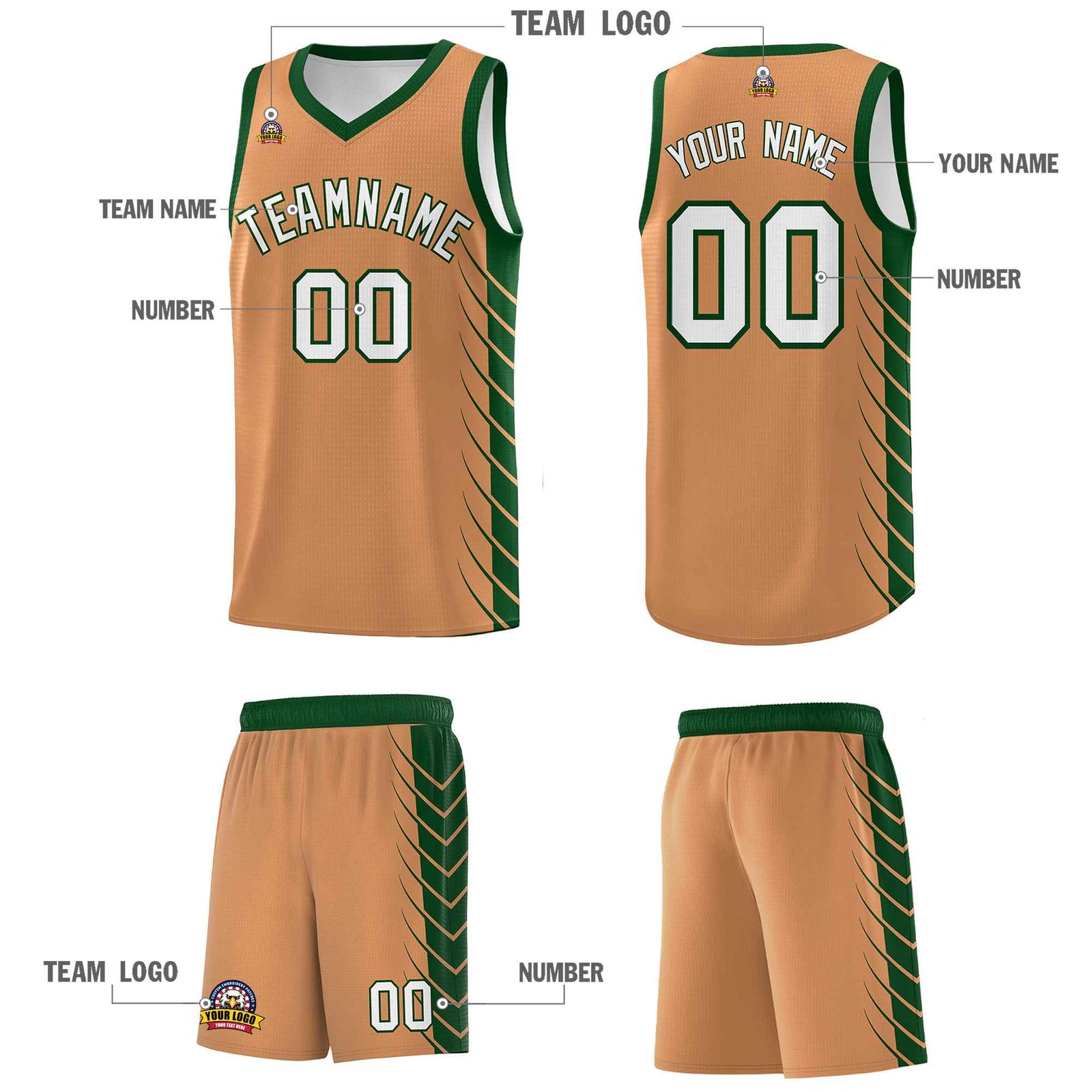 Custom Buckskin Brown Green Personalized Side Symmetrical Line Pattern Sports Uniform Basketball Jersey