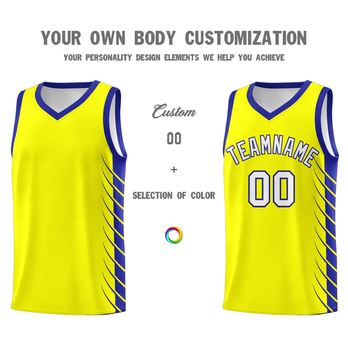 Custom Fluorescent Yellow Royal Personalized Side Symmetrical Line Pattern Sports Uniform Basketball Jersey