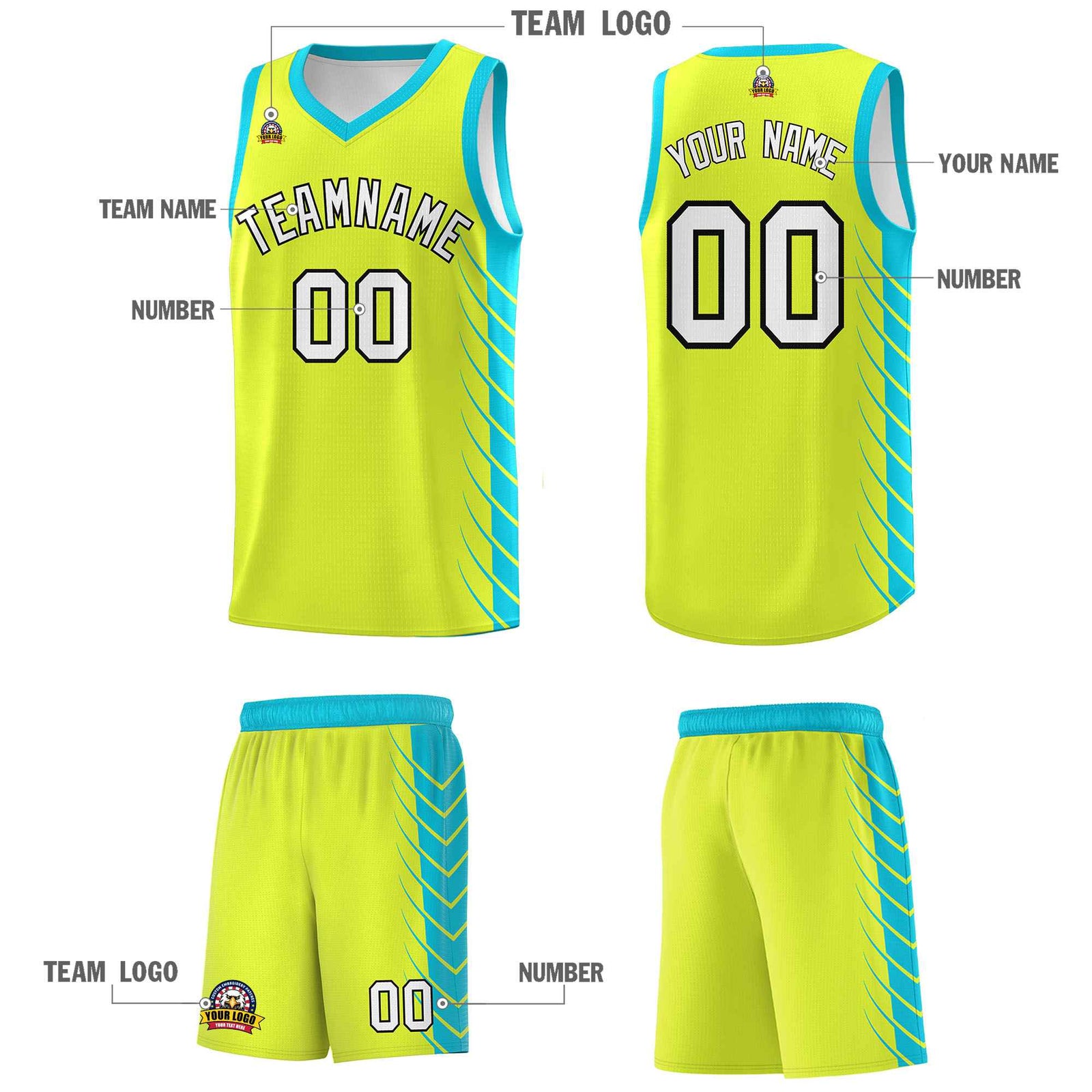 Custom Fluorescent Green Sky Blue Personalized Side Symmetrical Line Pattern Sports Uniform Basketball Jersey