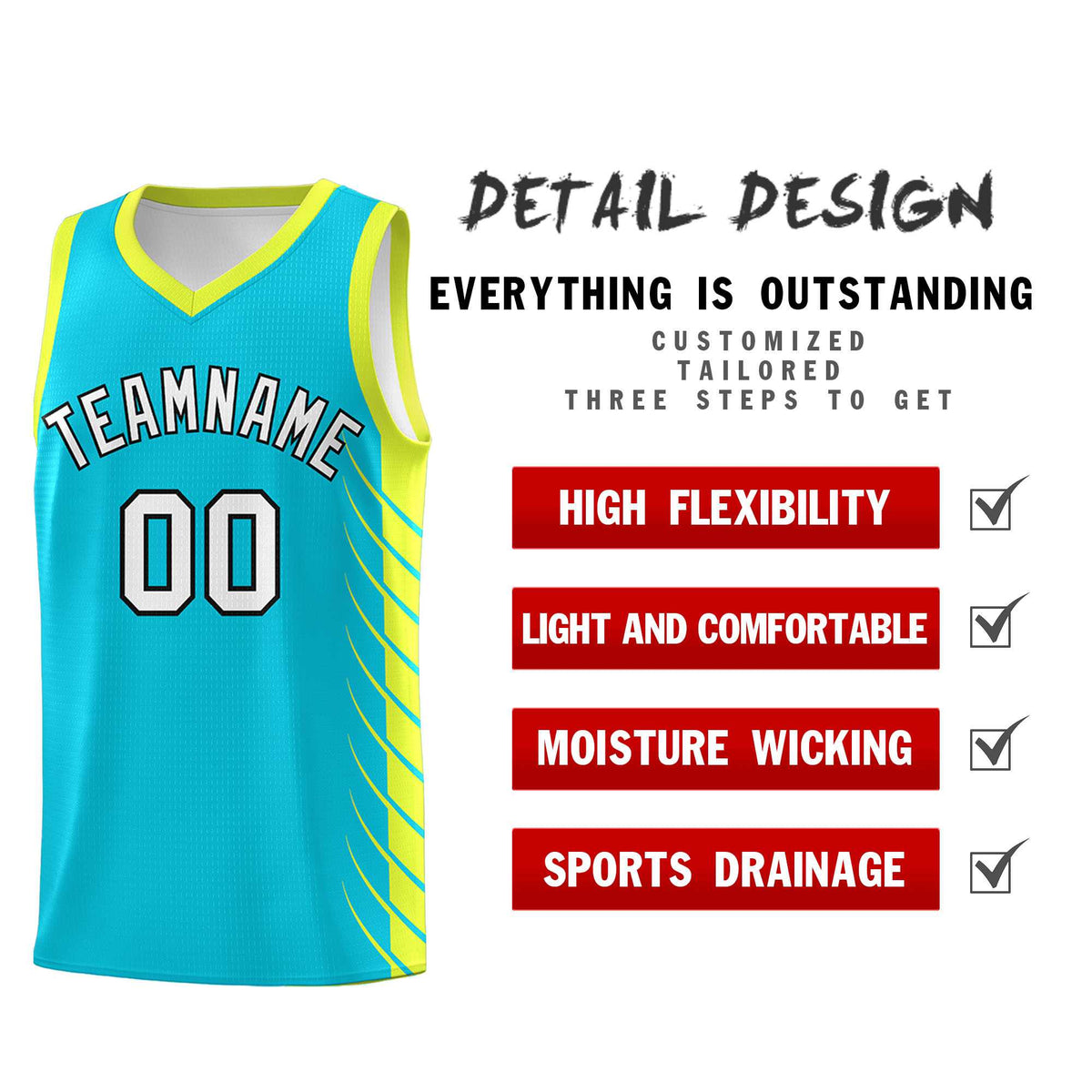 Custom Sky Blue Fluorescent Green Personalized Side Symmetrical Line Pattern Sports Uniform Basketball Jersey