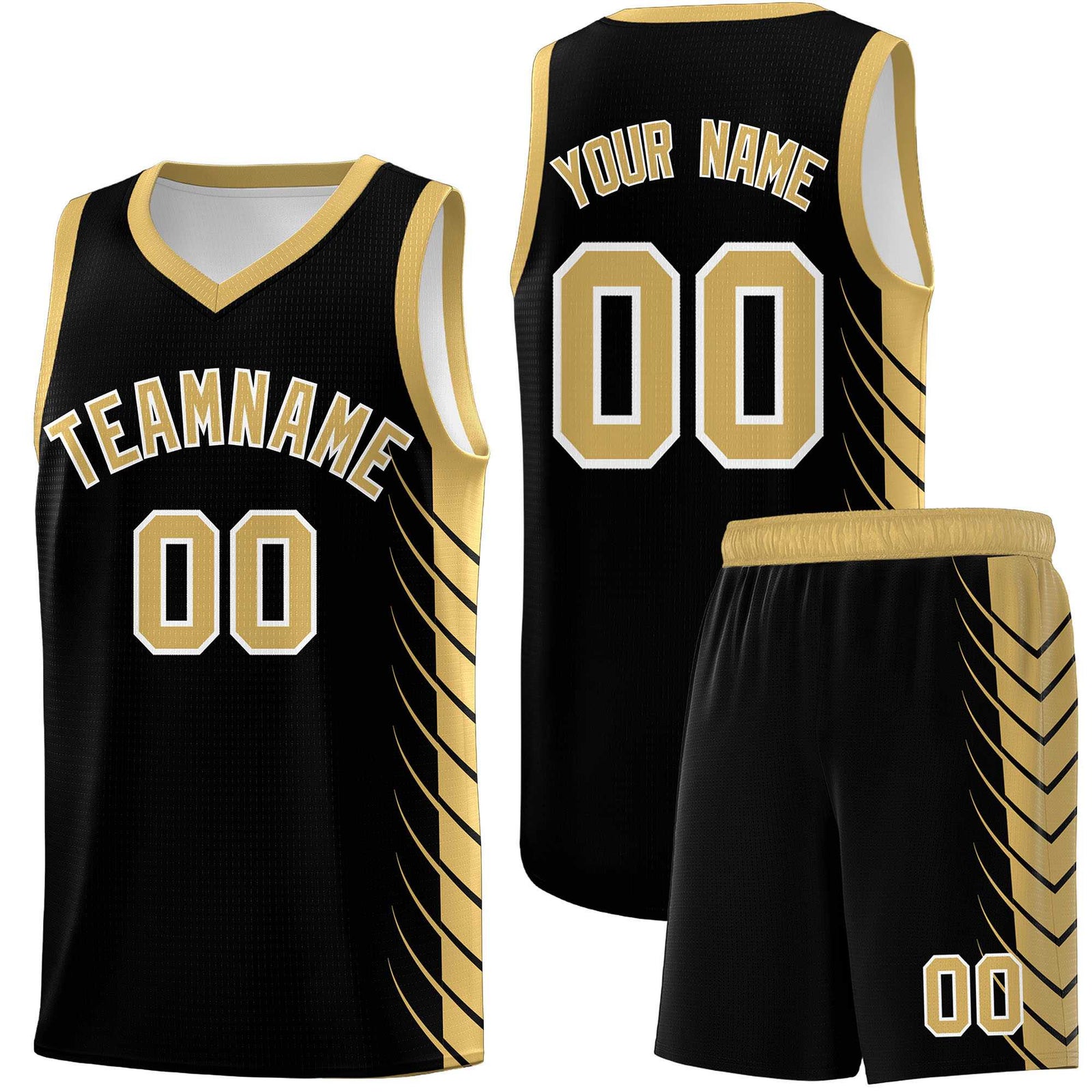 Custom Black Old Gold Personalized Side Symmetrical Line Pattern Sports Uniform Basketball Jersey