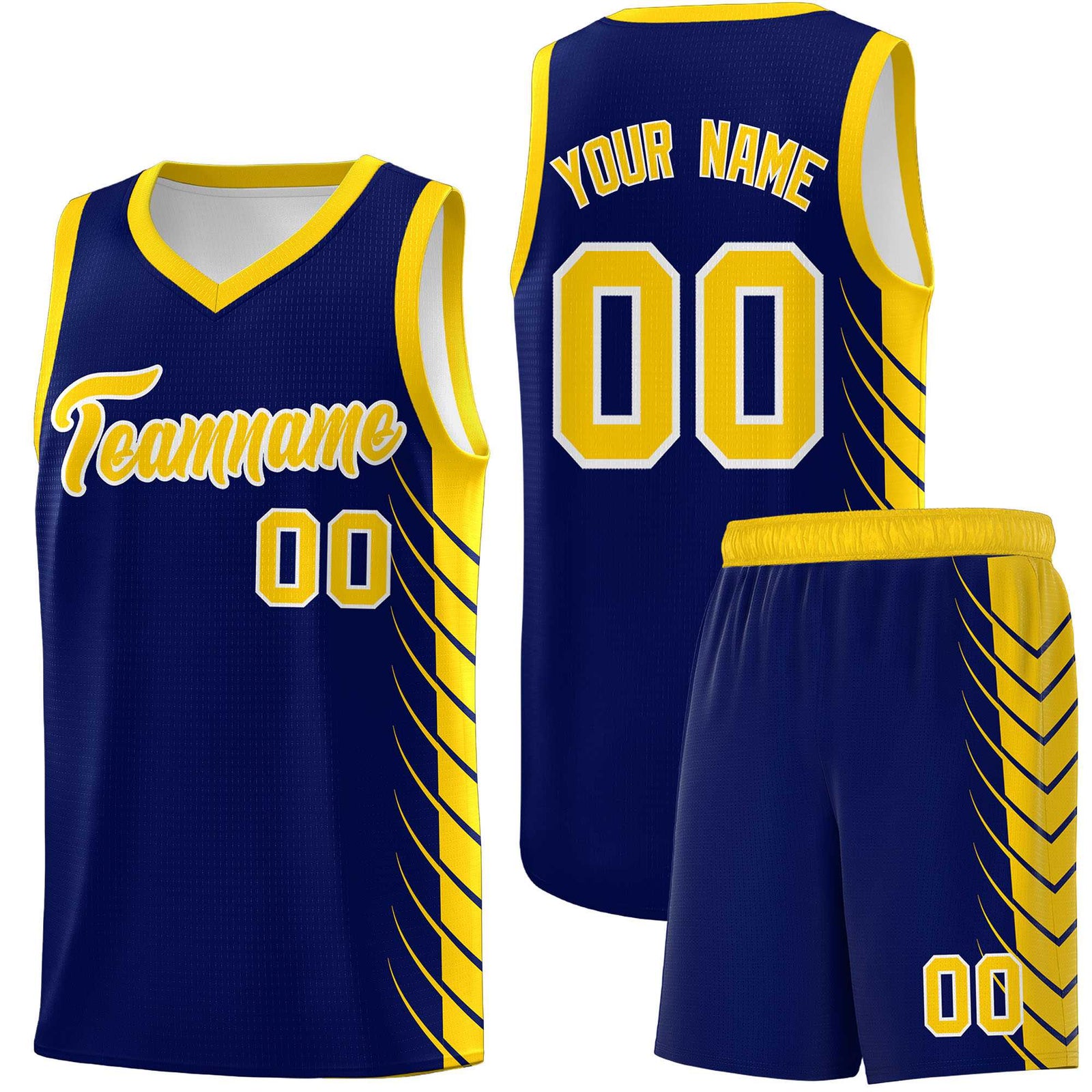 Custom Navy Gold Personalized Side Symmetrical Line Pattern Sports Uniform Basketball Jersey