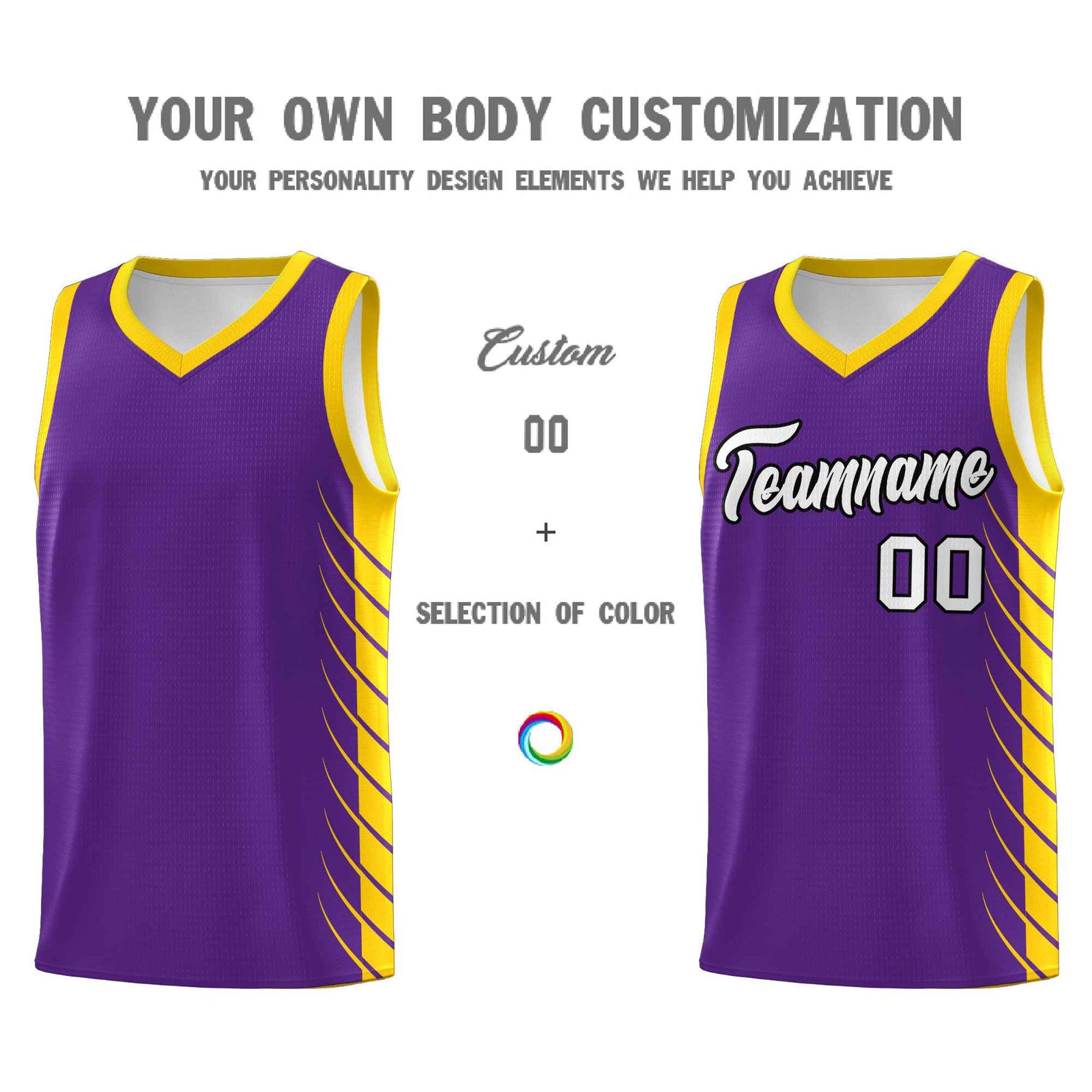 Custom Purple Gold Personalized Side Symmetrical Line Pattern Sports Uniform Basketball Jersey