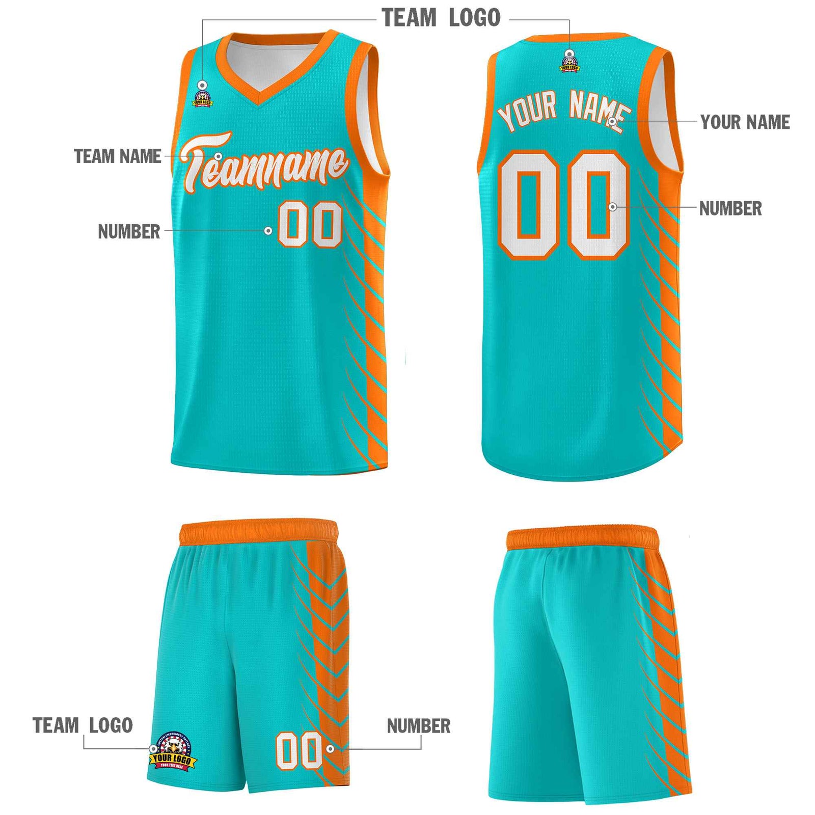 Custom Aqua Orange Personalized Side Symmetrical Line Pattern Sports Uniform Basketball Jersey
