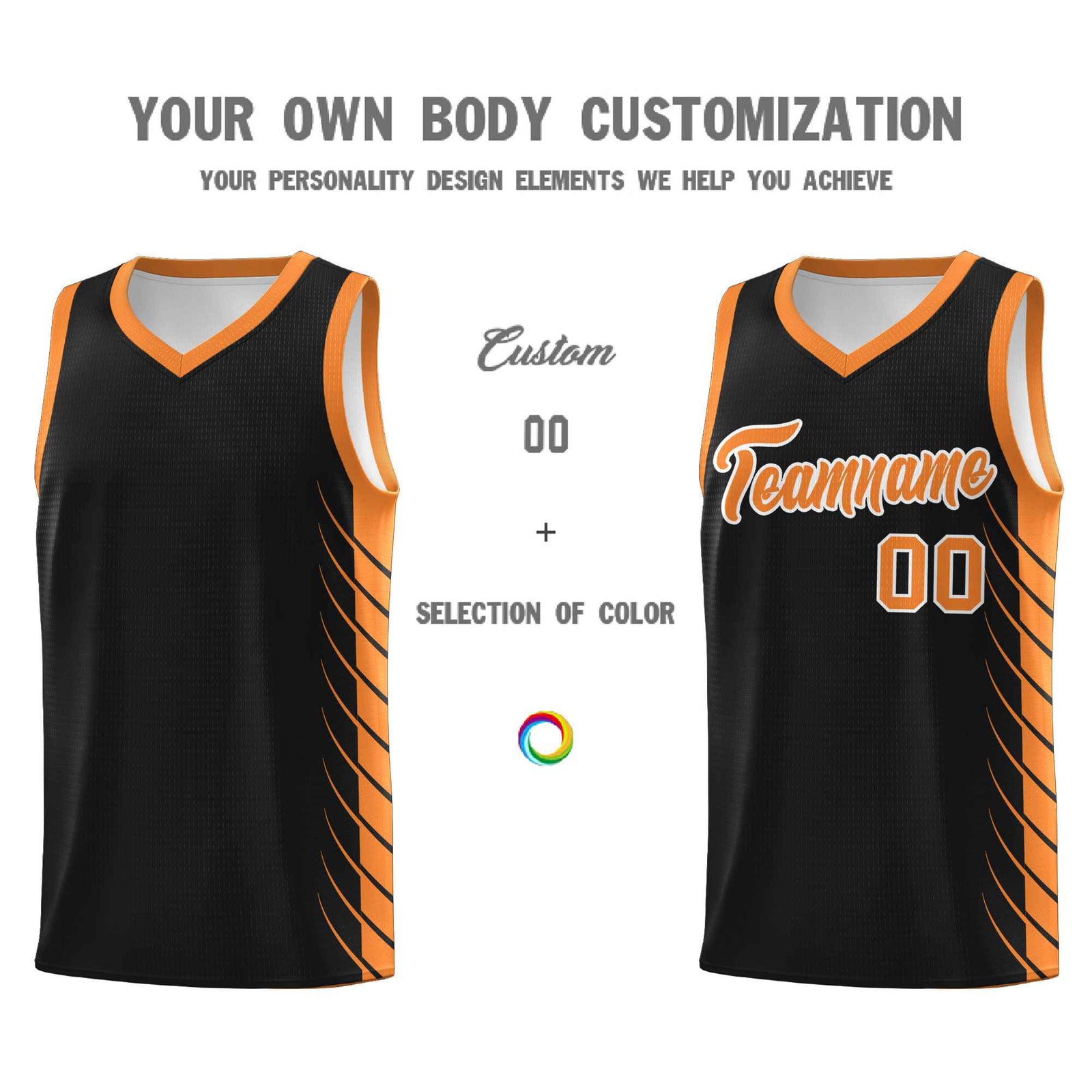 Custom Black Gold Orange Personalized Side Symmetrical Line Pattern Sports Uniform Basketball Jersey