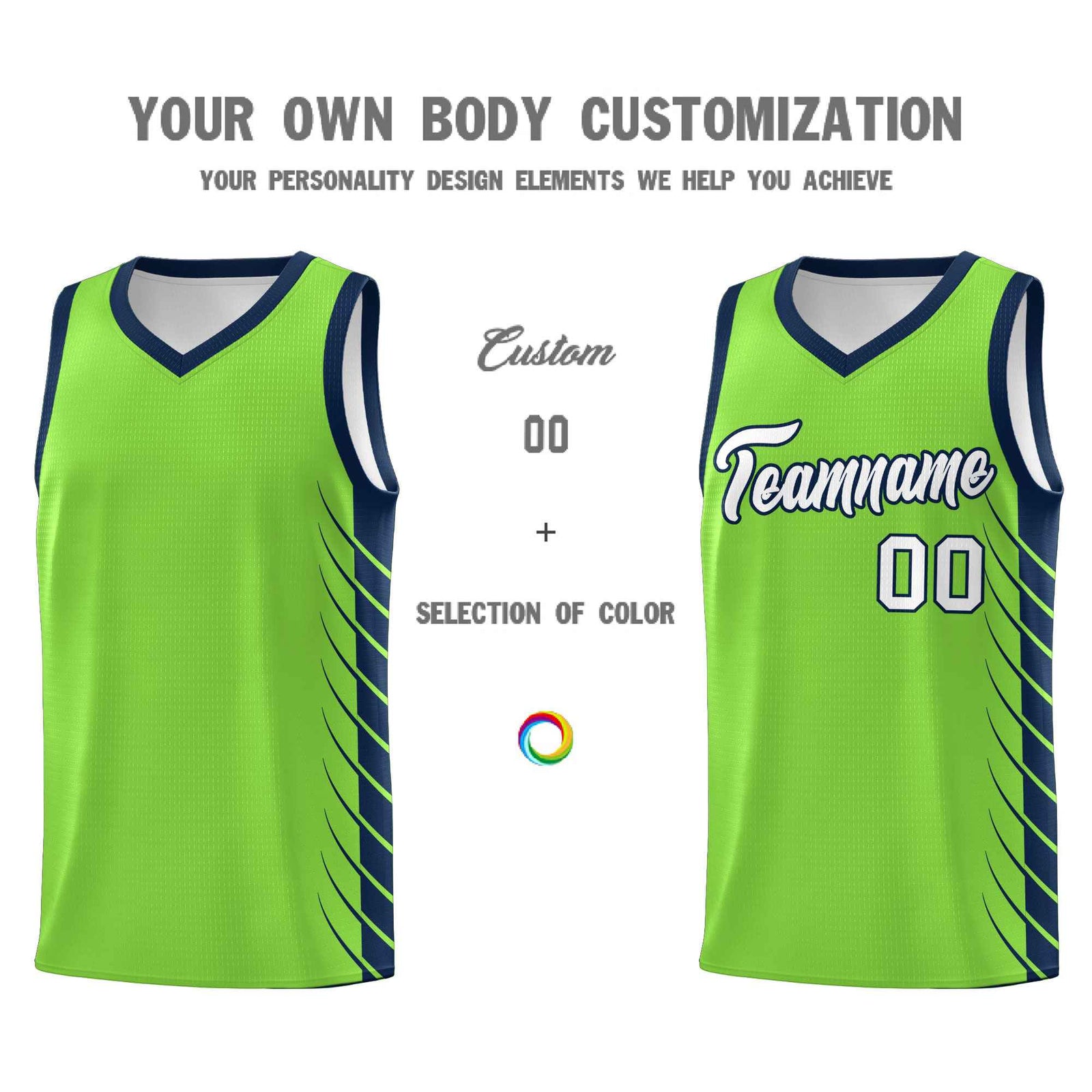 Custom Fluorescent Green Navy Personalized Side Symmetrical Line Pattern Sports Uniform Basketball Jersey