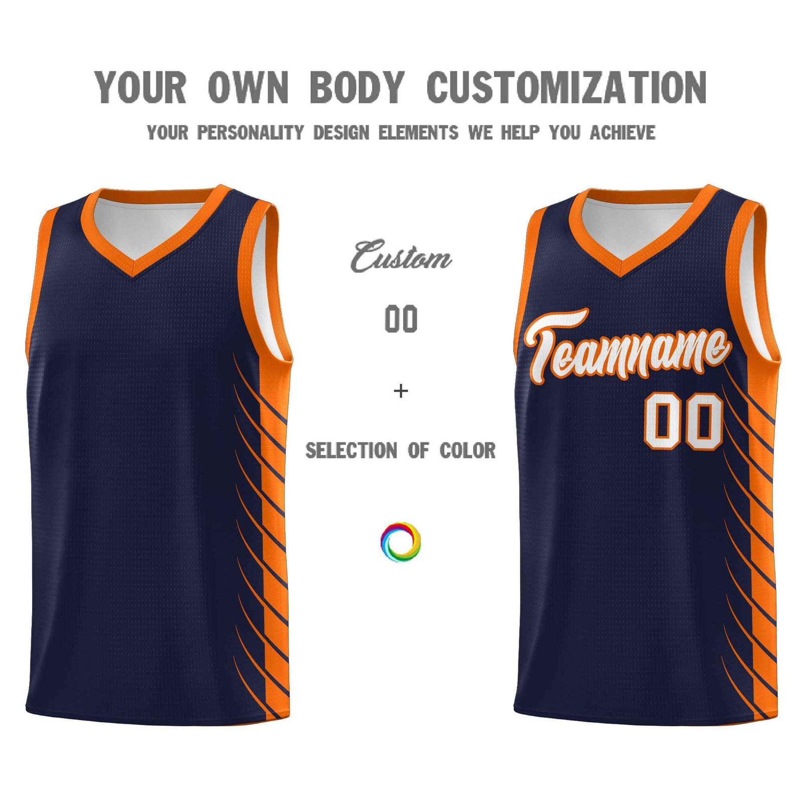 Custom Navy Orange Personalized Side Symmetrical Line Pattern Sports Uniform Basketball Jersey