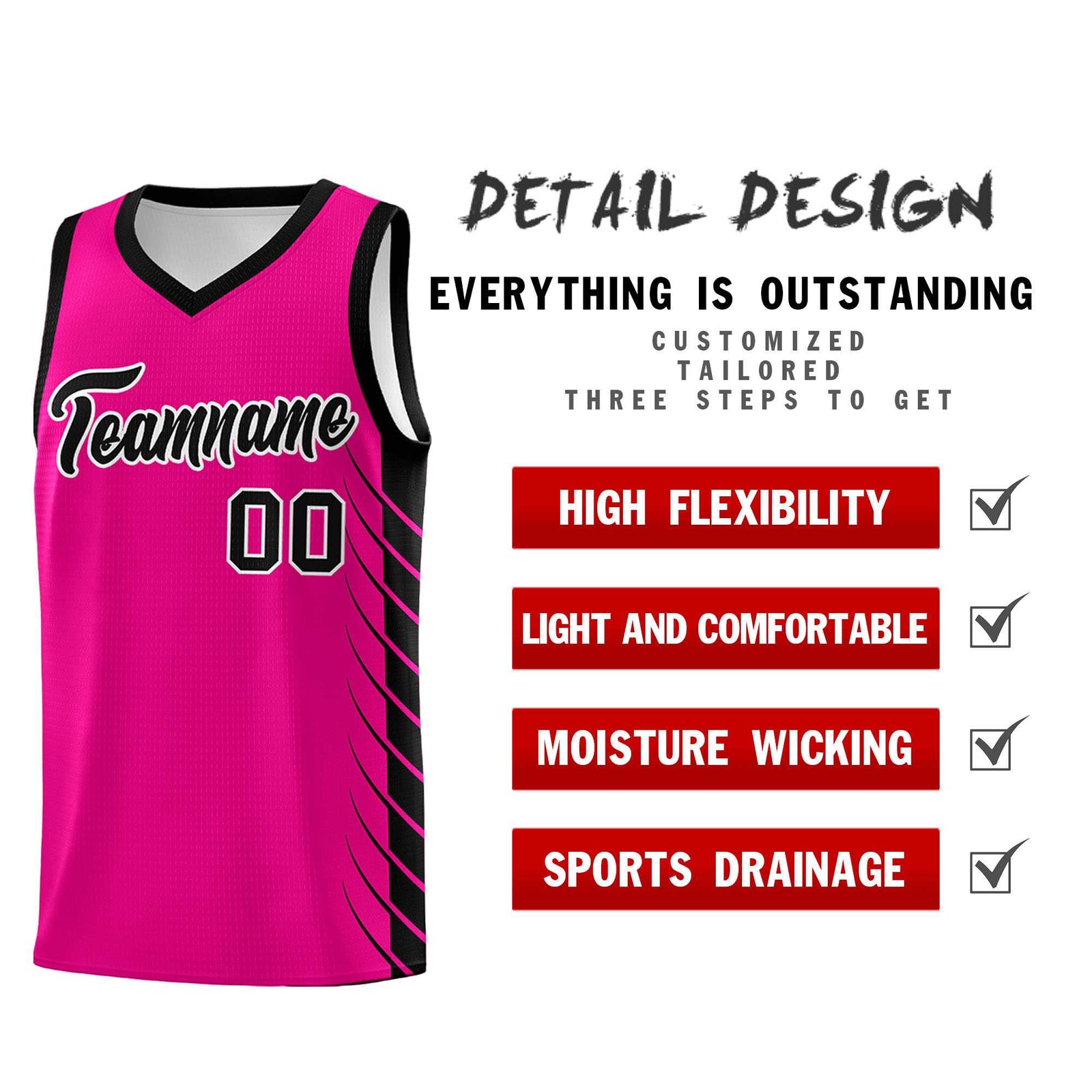 Custom Pink Black Personalized Side Symmetrical Line Pattern Sports Uniform Basketball Jersey