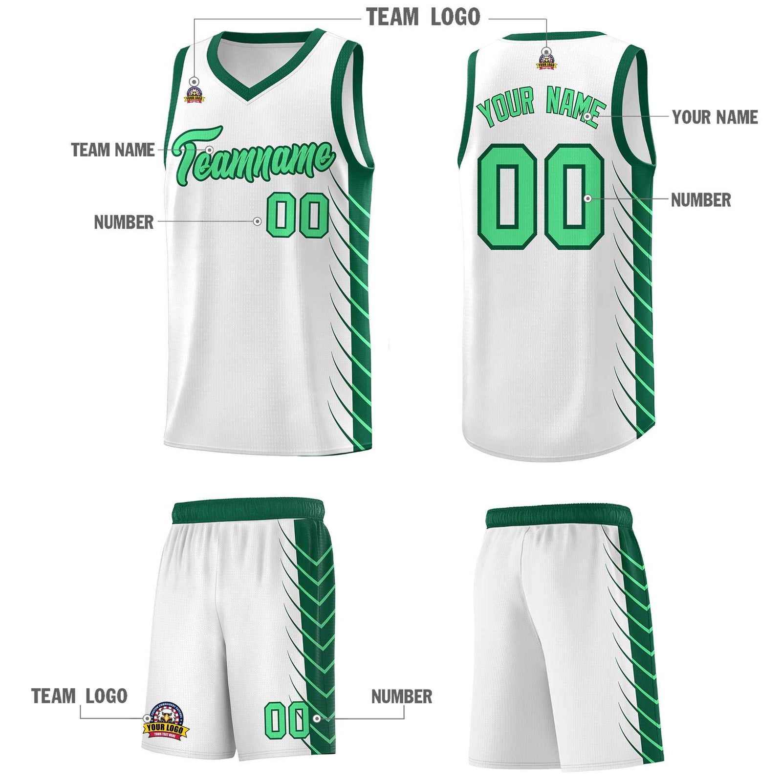 Custom White Kelly Green Personalized Side Symmetrical Line Pattern Sports Uniform Basketball Jersey