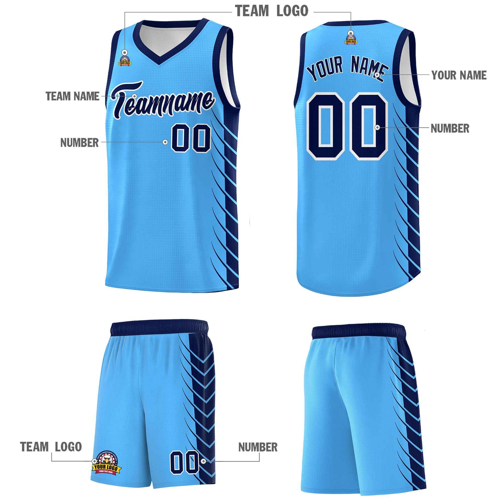 Custom Powder Blue Navy Personalized Side Symmetrical Line Pattern Sports Uniform Basketball Jersey