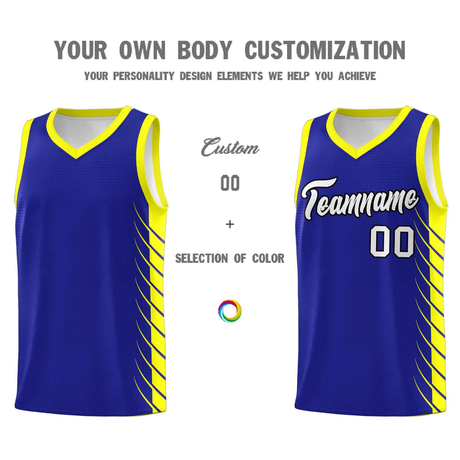 Custom Royal Fluorescent Yellow Personalized Side Symmetrical Line Pattern Sports Uniform Basketball Jersey