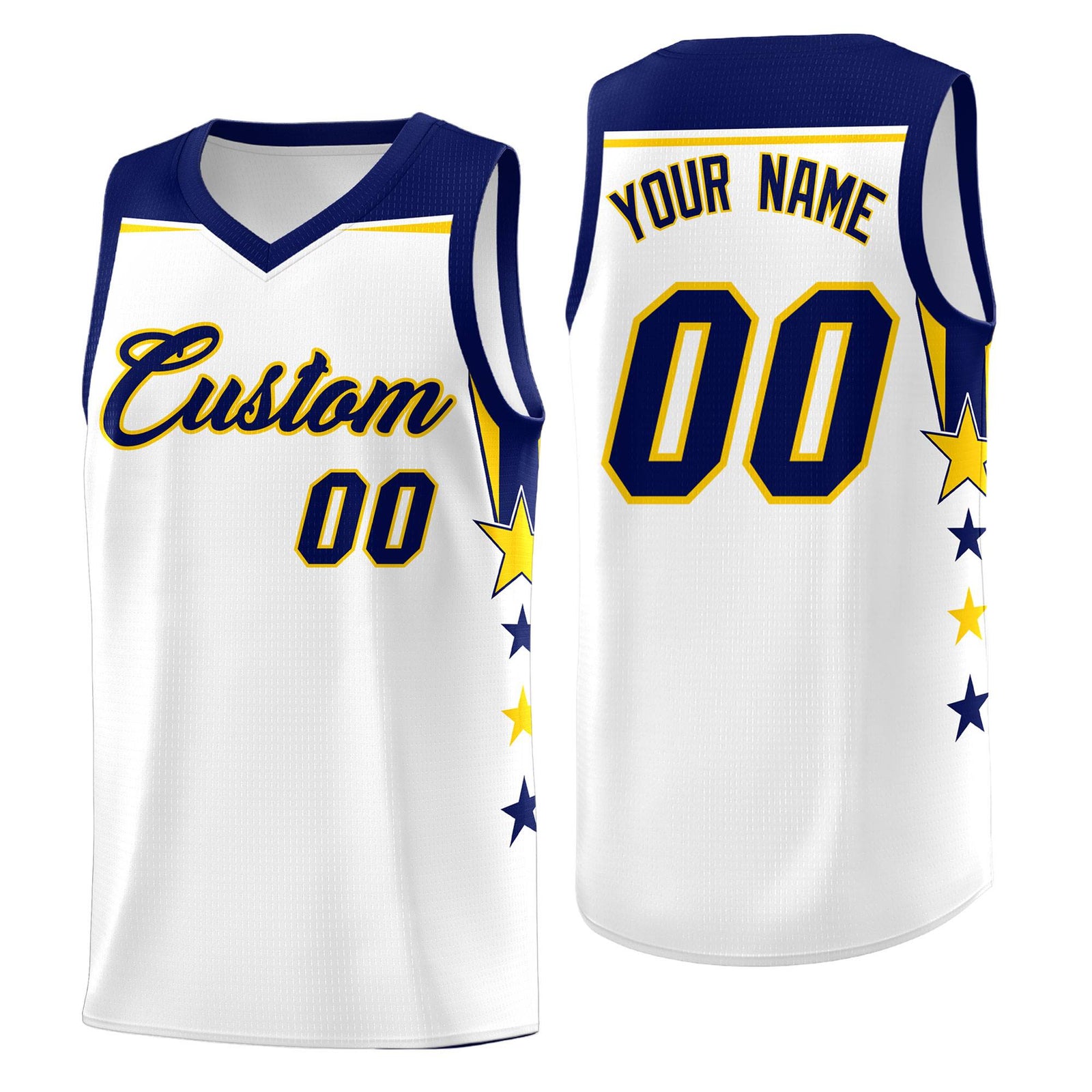 Custom Youth Basketball Uniform White Navy Two Tone Side Star Personalized Team Jersey