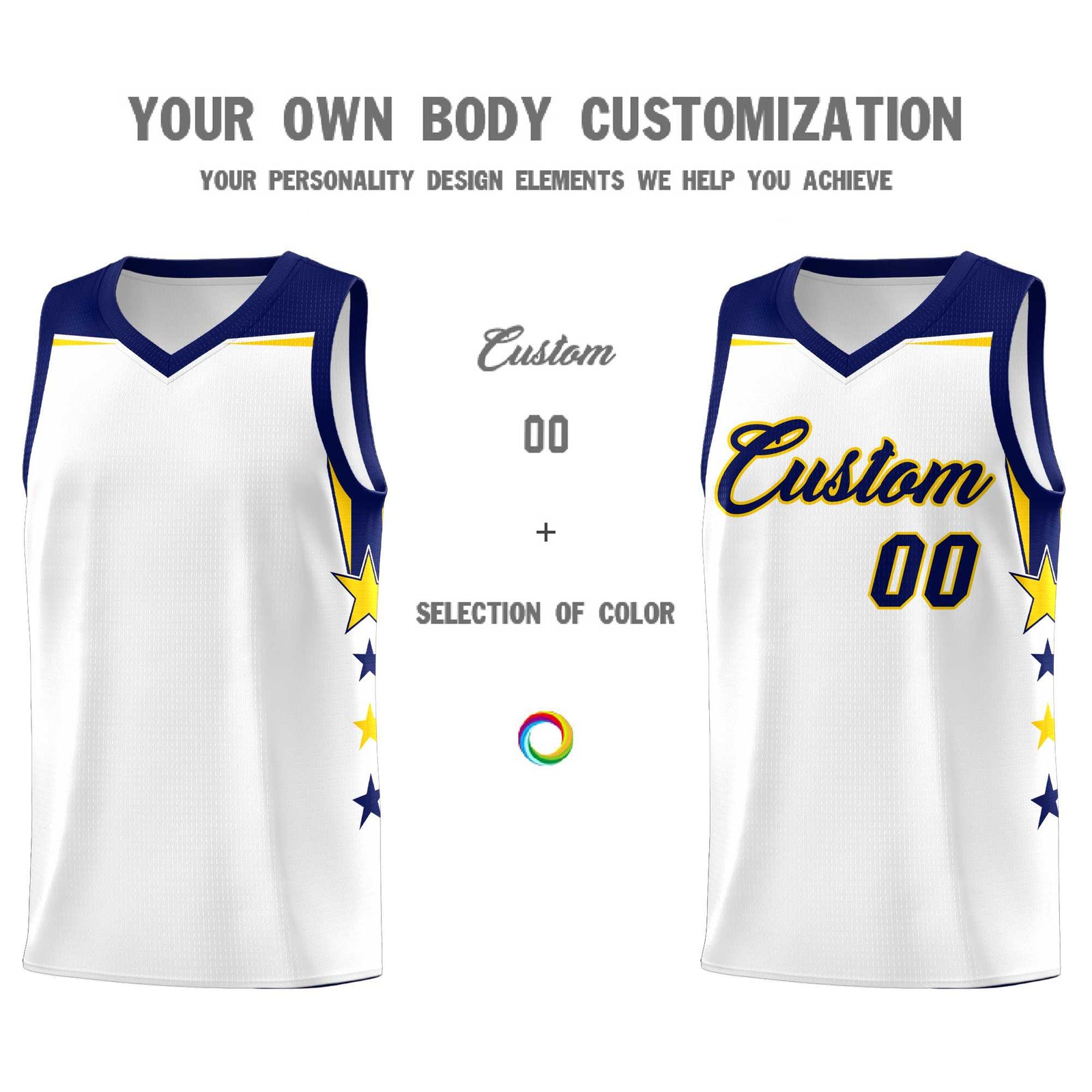 Custom Youth Basketball Uniform White Navy Two Tone Side Star Personalized Team Jersey