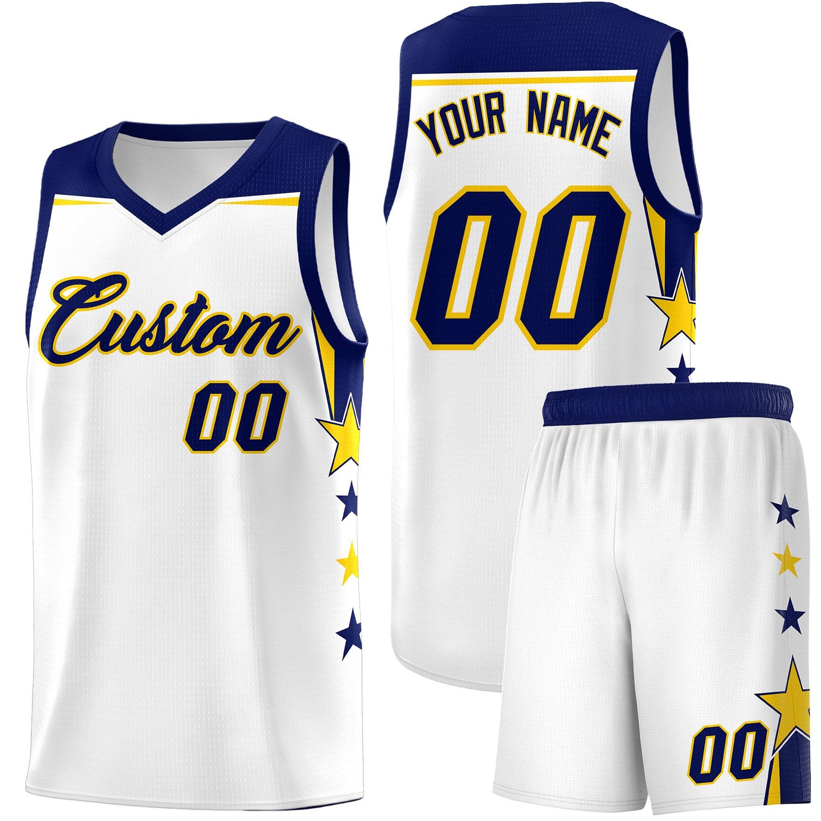 Custom Youth Basketball Uniform White Navy Two Tone Side Star Personalized Team Jersey