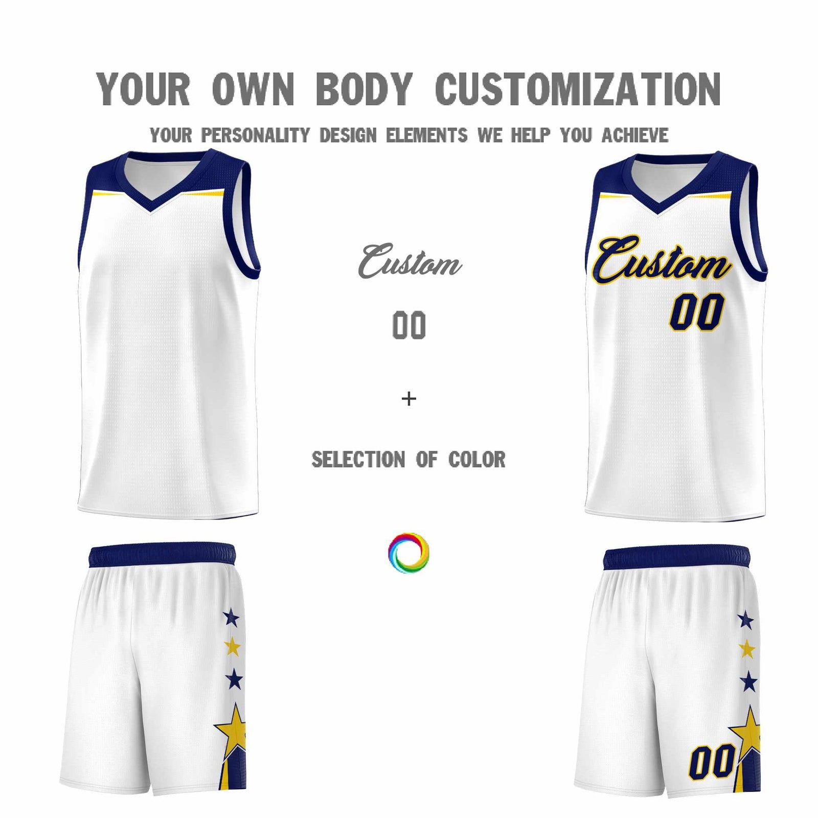 Custom Youth Basketball Uniform White Navy Two Tone Side Star Personalized Team Jersey