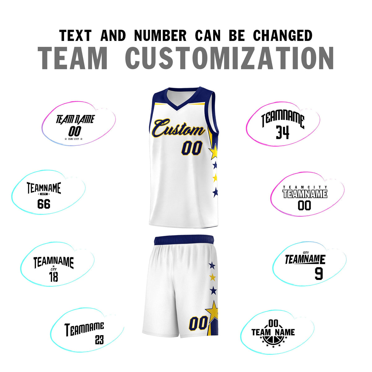 Custom Youth Basketball Uniform White Navy Two Tone Side Star Personalized Team Jersey