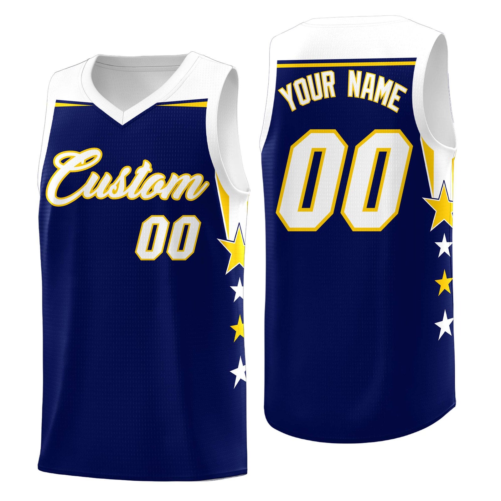 Custom Youth Basketball Uniform Navy White Two Tone Side Star Add Name Number & Logo